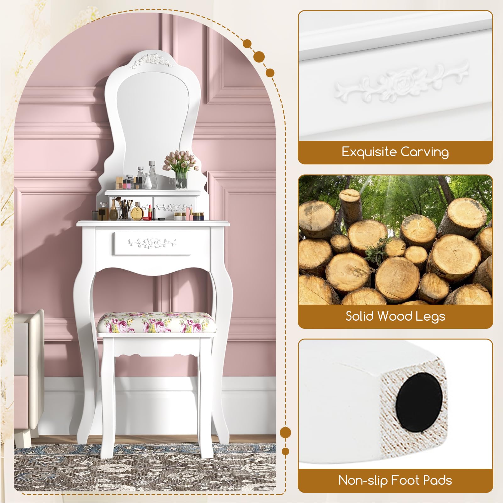 Giantex Small Vanity Desk Set with Mirror - White Makeup Dressing Table with Cushioned Stool & 3 Storage Drawers, 20 Inch Compact Vanity for Girls Bedroom | Perfect for Small Spaces, Makeup Application & Home Decor