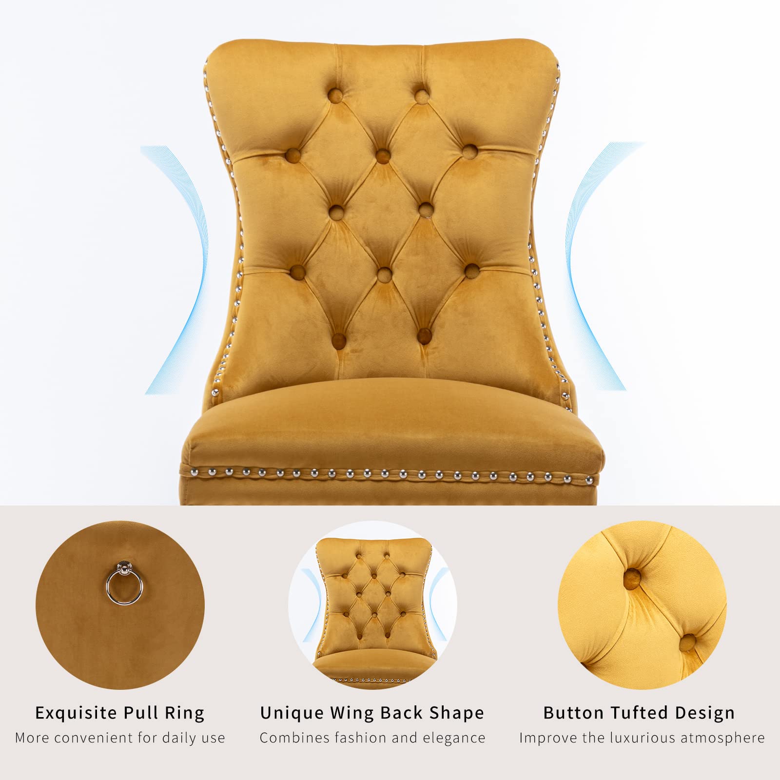 Luxury Gold Velvet Dining Chairs Set of 2 - Modern Tufted Upholstered Kitchen & Dining Room Chairs with Solid Wood Frame (Golden Yellow) - Perfect for Home Decor, Restaurant, Wedding & Event Seating