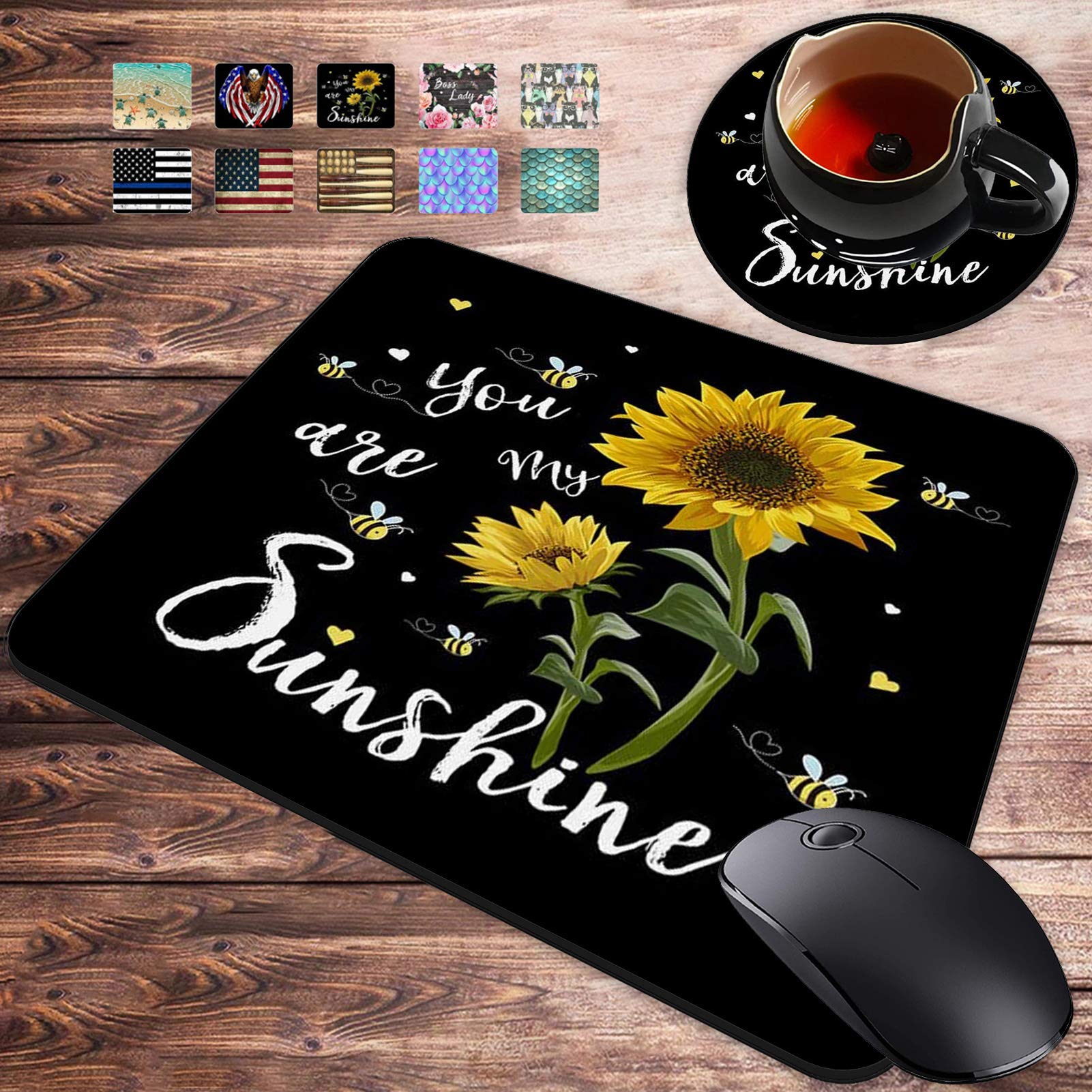Sunflower 'You Are My Sunshine' Gaming Mouse Pad & Coasters Set - Non-Slip Rubber Rectangle Mouse Mat for Work, Office & PC Gaming - Perfect for Computer Desks, Home Office Setup & Gift Giving