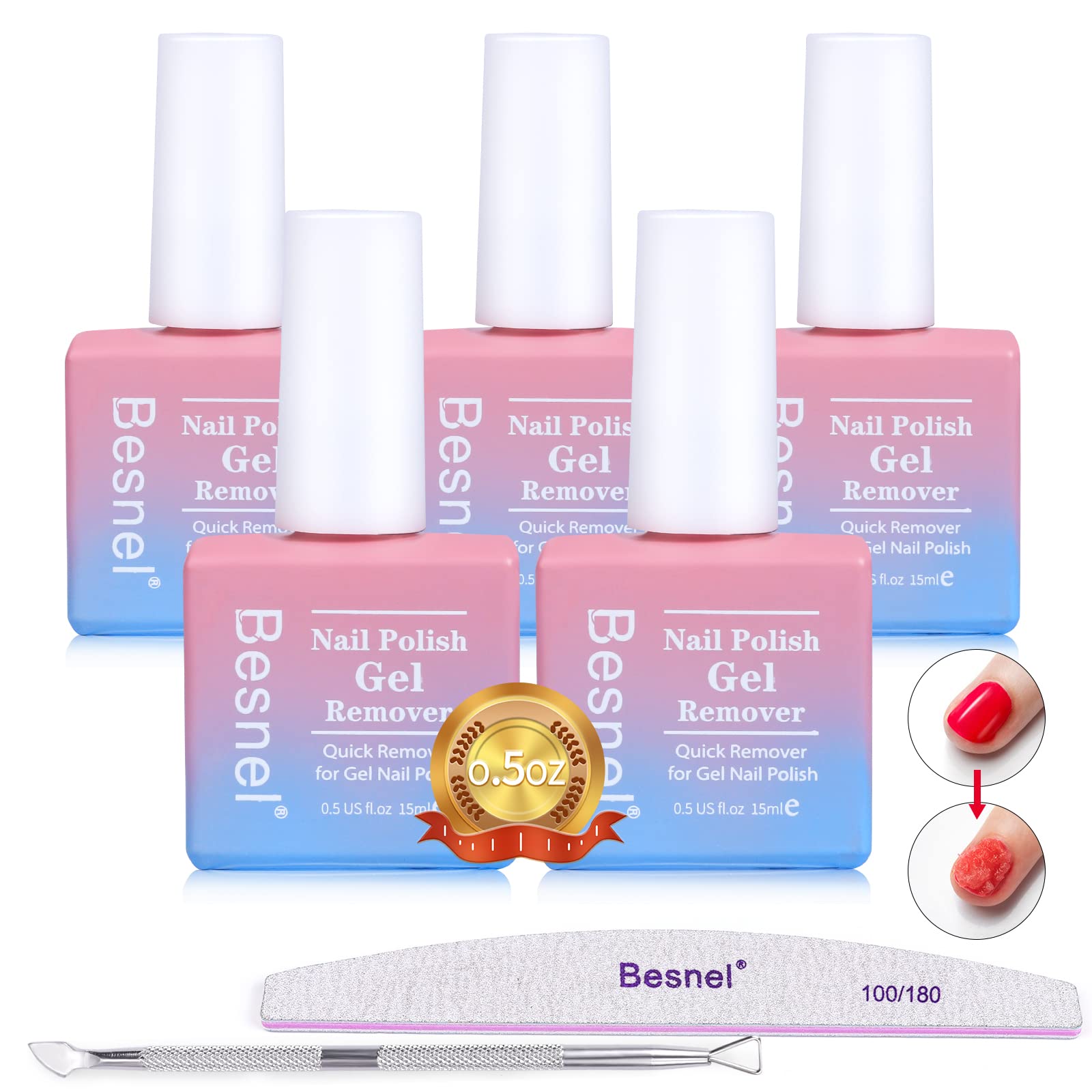 Professional 5-Pack Gel Nail Polish Remover Kit - Non-Irritating, Quick & Easy Nail Polish Removal with Cuticle Pusher & Nail Files (No Foil Soaking Needed) - Perfect for Salon & At-Home Manicures