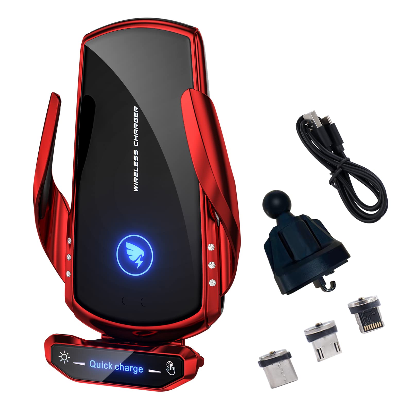 15W Fast Wireless Car Charger Mount - Auto Clamping Phone Holder for Android - Red - Perfect for Commuting & Road Trips