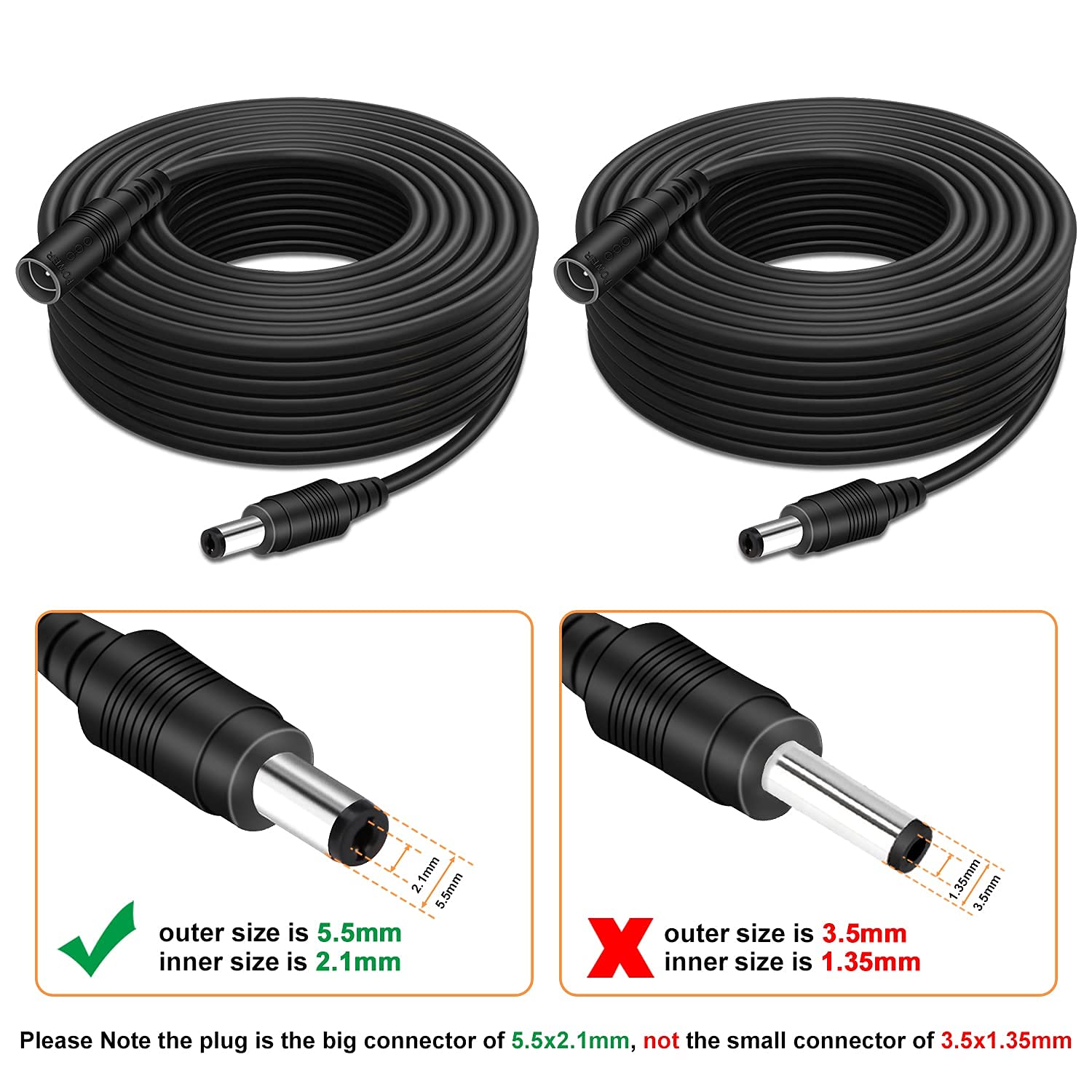 33ft 2-Pack DC Power Extension Cable - 2.1mm x 5.5mm DC Plug 20AWG Power Cord for 12V/24V Devices - Compatible with CCTV Cameras, LED Strip Lights, Security Systems - Ideal for Home/Office Security Setup & DIY Lighting Projects (Black)