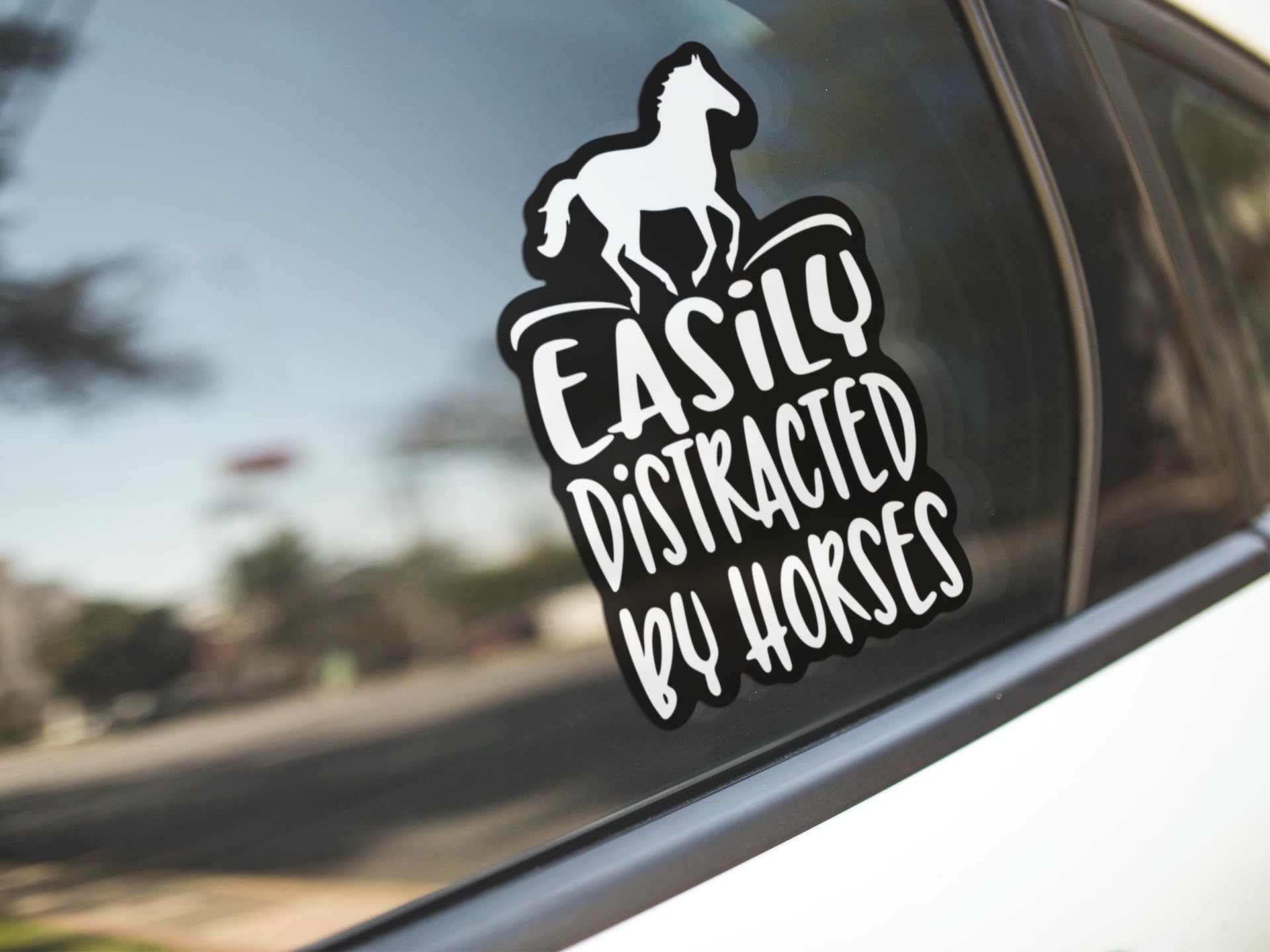 Easily Distracted by Horses Vinyl Decal Sticker - 5 Inch White Car Sticker for Cars, Trucks, Vans, SUVs, Walls, Cups & Laptops | Fun Office & Home Decor | KCD2684
