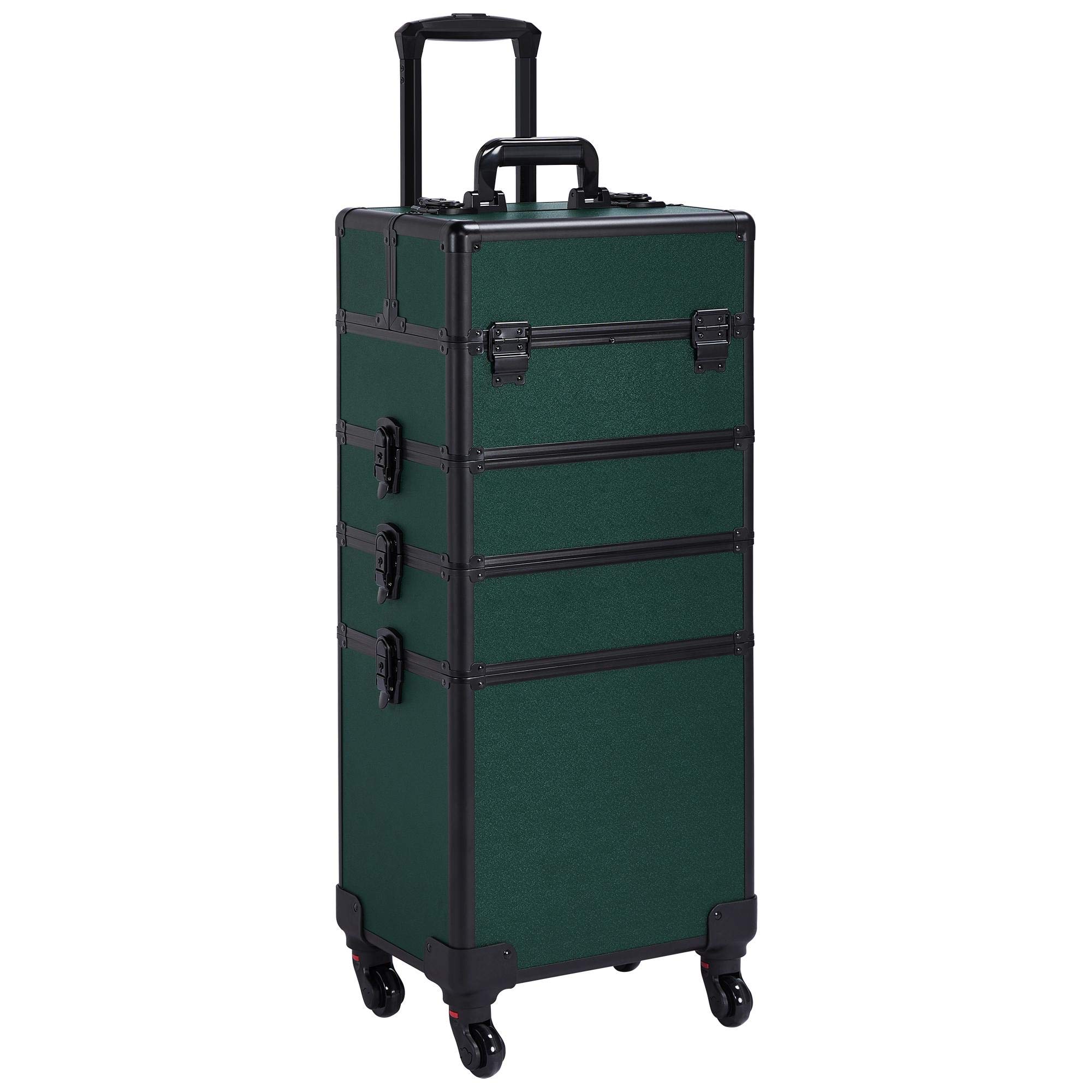 Yaheetech 4-in-1 Aluminum Rolling Makeup Case - Professional Cosmetic Organizer with Wheels, Dark Green Makeup Train Case for Salon, Travel & Home Storage | Portable Beauty Trolley for Makeup Artists & Cosmetologists