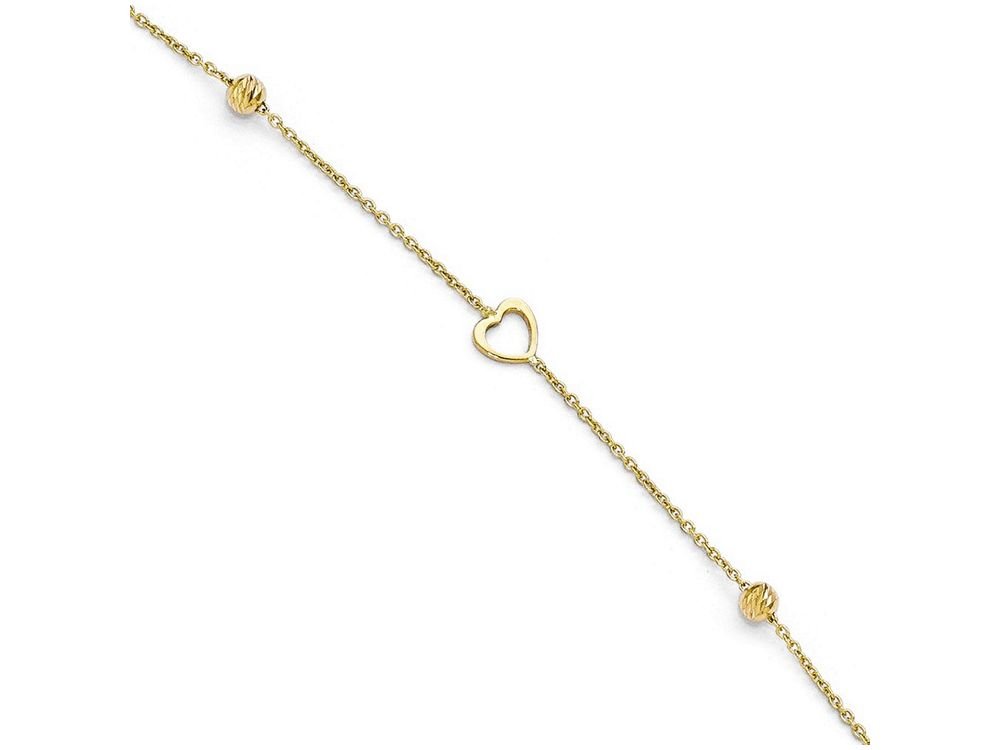 14K Yellow Gold Heart Anklet - Polished & Bright Cut Design with 1-Inch Extender - Elegant Ankle Bracelet for Women, Perfect for Valentine's Day, Anniversary or Everyday Wear