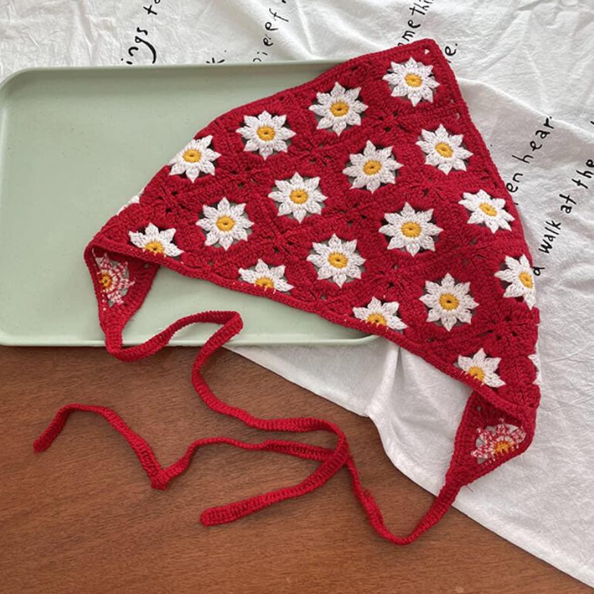 FZBNSRKO Crochet Kerchief Headwrap - Floral Knit Hair Scarf Bandana for Women & Girls, Red - Boho Chic Accessory for Summer, Beach, and Outdoor Activities