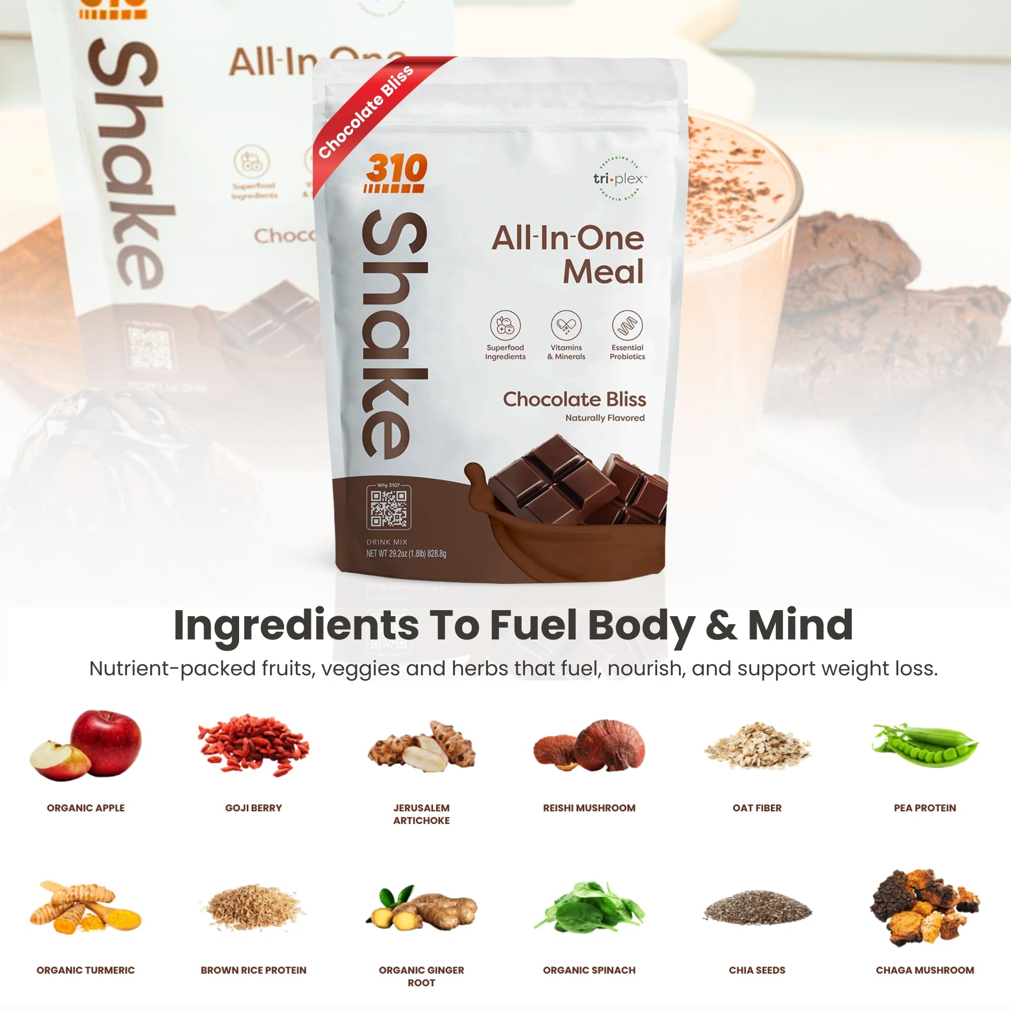 310 Nutrition All-in-One Meal Replacement Shake - Vegan Superfood Blend with Natural Sweeteners, Low Carb, Keto & Paleo Friendly, Gluten-Free, 26 Vitamins & Minerals, Chocolate Bliss (28 Servings) | Perfect for Weight Loss, Post-Workout Recovery & Busy Lifestyles