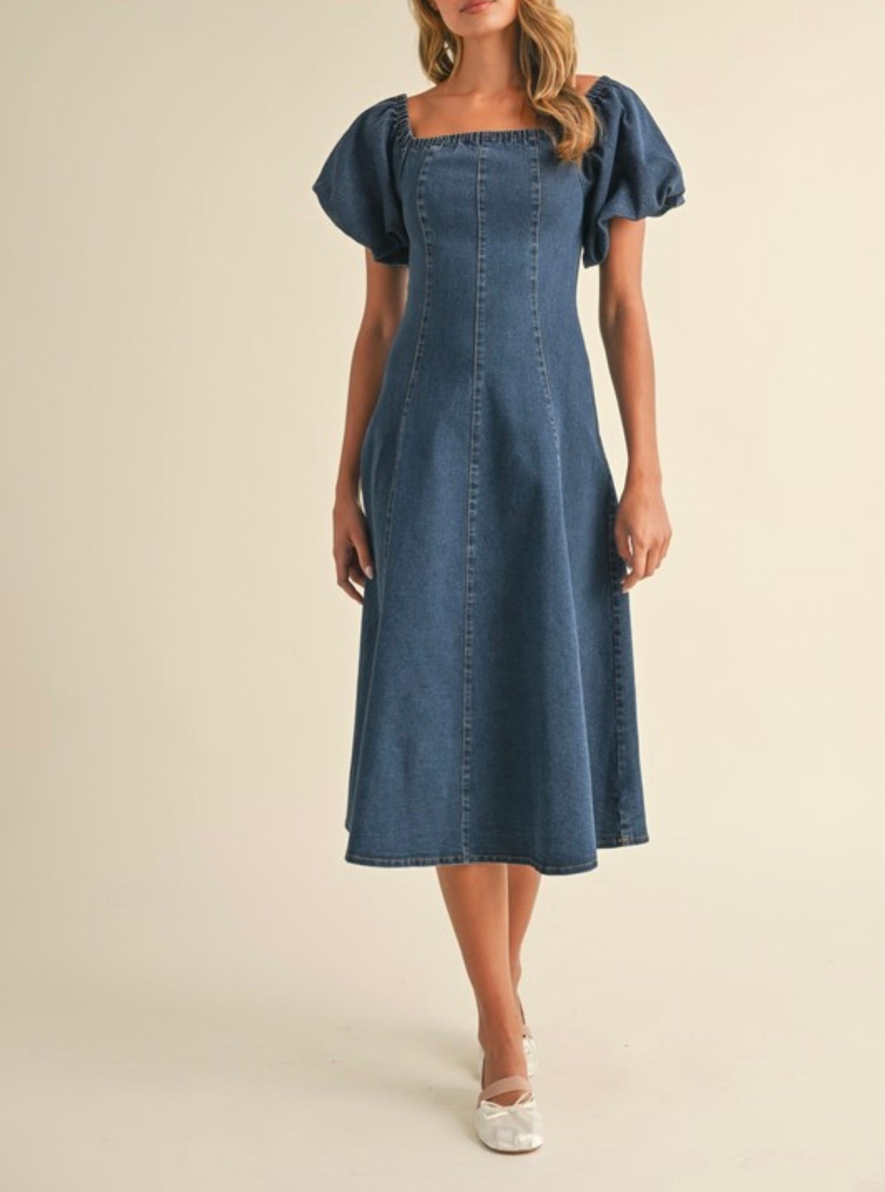 Stylish Denim Puff Sleeve A-Line Midi Dress for Women | Vintage Inspired Casual & Party Wear | Perfect for Date Nights, Office Outfits and Summer Events