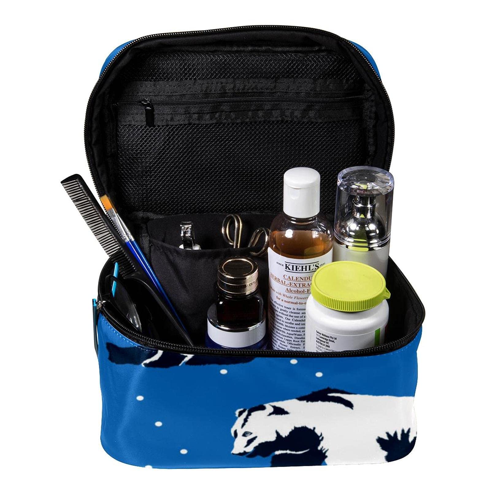 Big Bear Blue Pattern Large Travel Makeup Bag - Waterproof Cosmetic Organizer Case with Zipper for Women & Girls | Perfect for Vacation, Gym, Business Trips & Daily Use