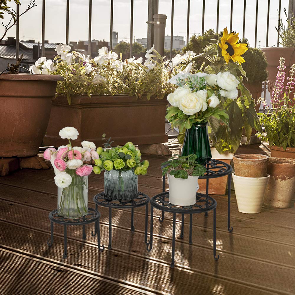 4-Pack Black Metal Potted Plant Stands - Round Ironwork Flower Holder Racks for Indoor Outdoor Garden Decor, Balcony, Patio, and Living Room