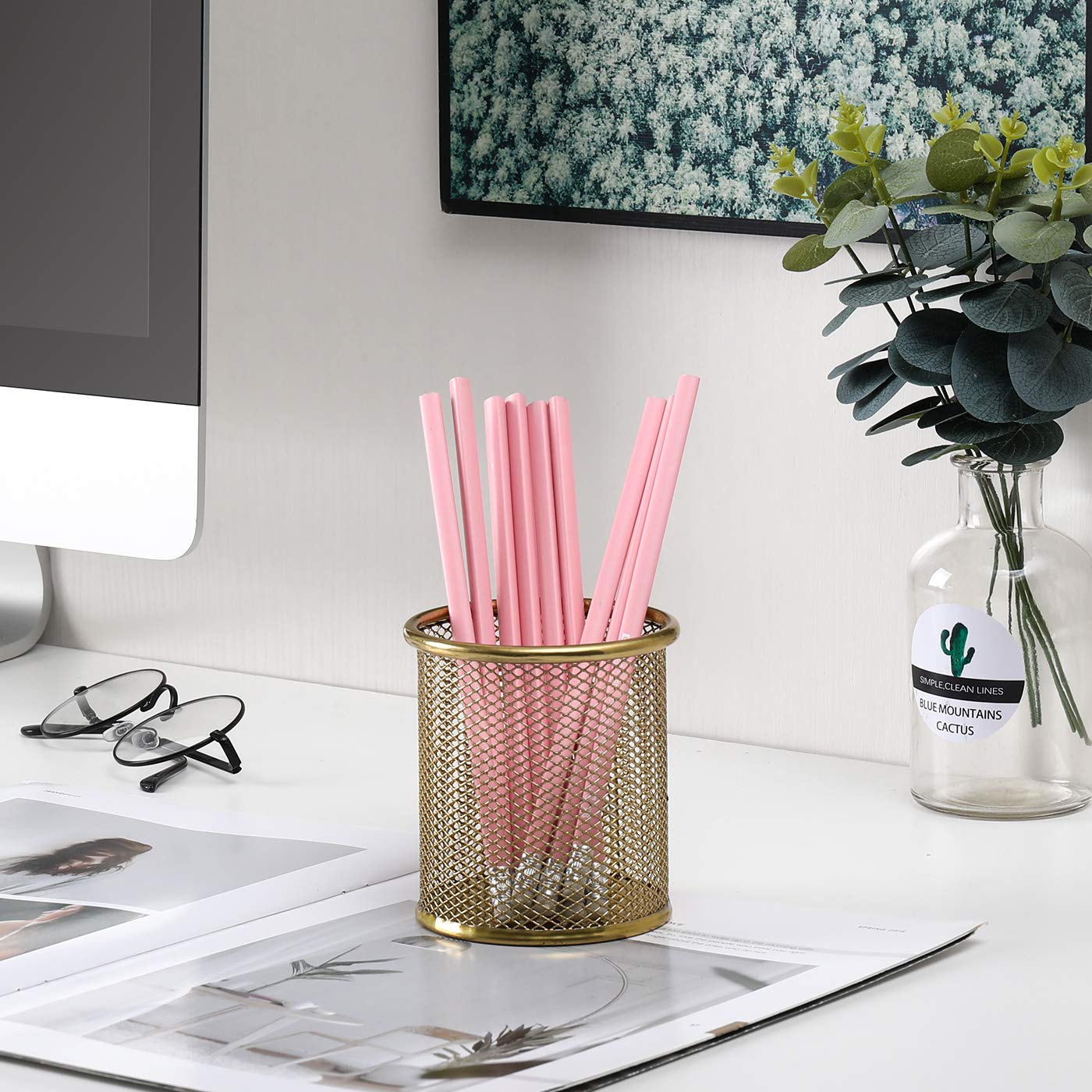 2-Pack Gold Pencil Holder for Desk - Stylish Pen Cup & Makeup Brush Organizer | Perfect for Office, Home, or School Desk Organization