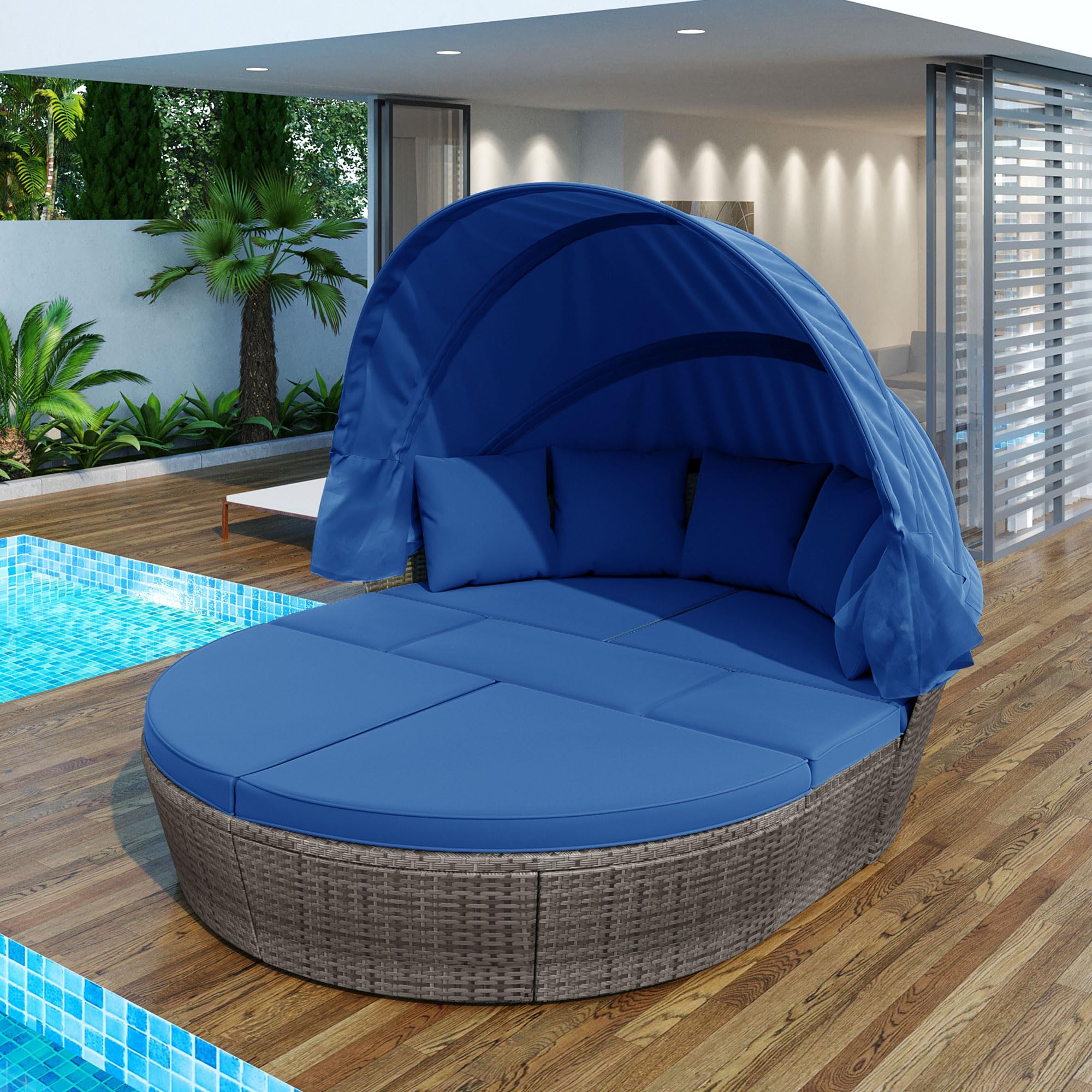 6-Piece All-Weather PE Rattan Patio Furniture Set with Retractable Canopy - Outdoor Round Daybed Sectional Sofa Conversation Set in Blue | Perfect for Backyard, Poolside & Garden Relaxation
