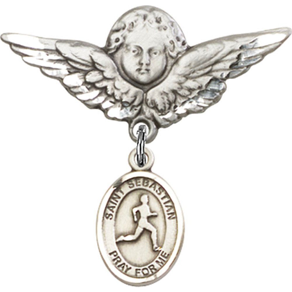 Sterling Silver Baby Badge with St. Sebastian & Track Field Charm - Angel Wing Pin for Baptism, Christening & First Communion Gifts - Religious Jewelry for Newborns & Infants