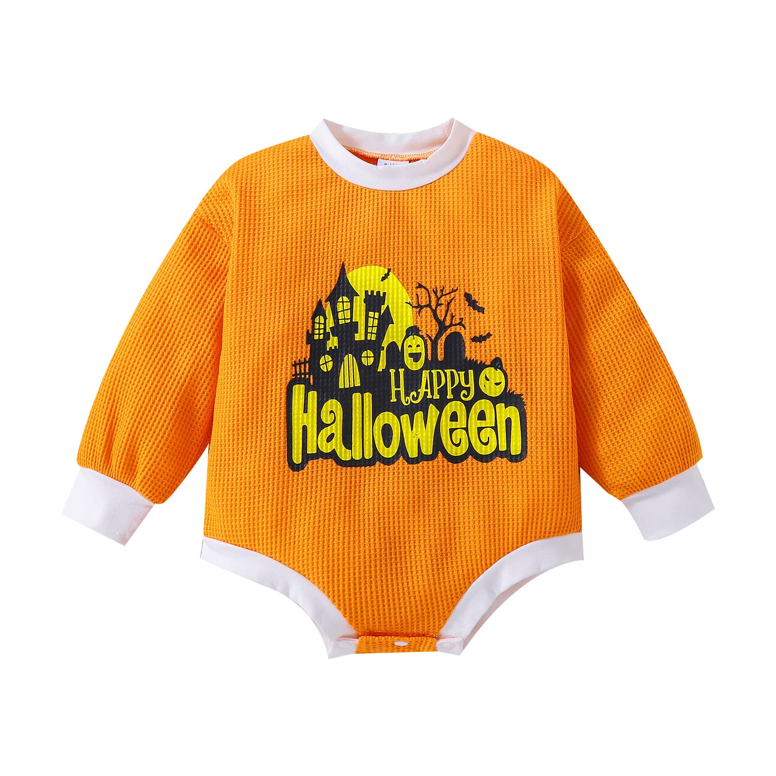 Baby Halloween Outfit - Unisex Crewneck Waffle Knit Sweatshirt Romper with Pumpkin & Ghost Print | Cute Fall & Halloween Costume for Infants & Toddlers | Perfect for Trick-or-Treating, Photo Shoots & Autumn Festivals