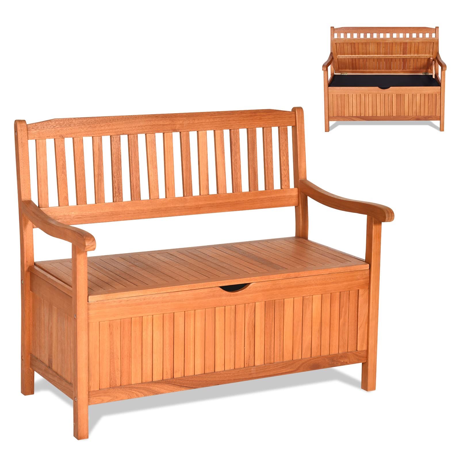 Giantex Wooden Outdoor Storage Bench with Seating - 800 lbs Capacity Eucalyptus Patio Deck Box for Pool, Front Porch, Garden & Lawn - Dustproof Liner Wood Storage Loveseat | Perfect for Outdoor Seating, Storage & Patio Decor