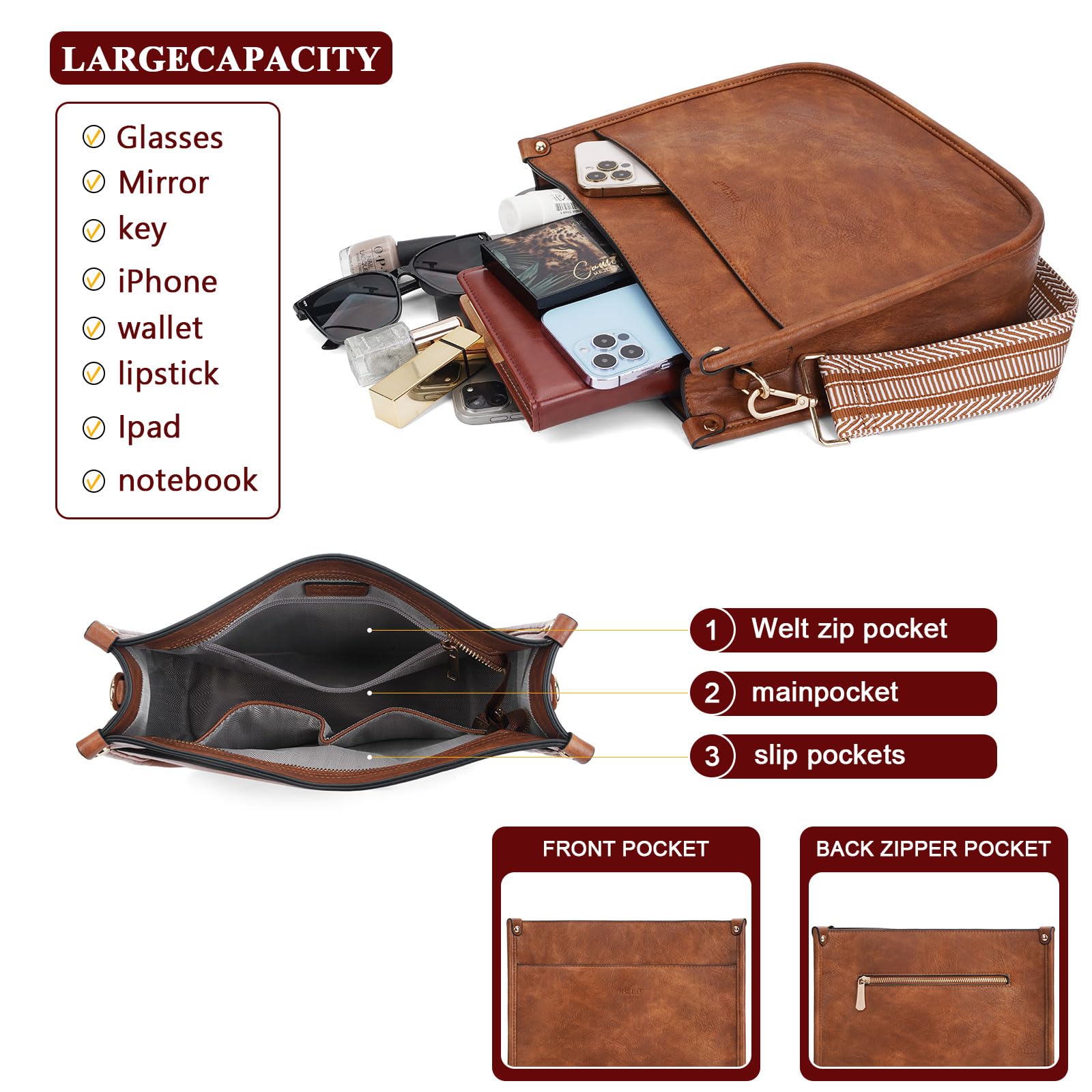 HKCLUF Women's Leather Crossbody Bag & Wallet Set - 2PCS Adjustable Guitar Strap Shoulder Purse for Daily Use, Travel & Shopping