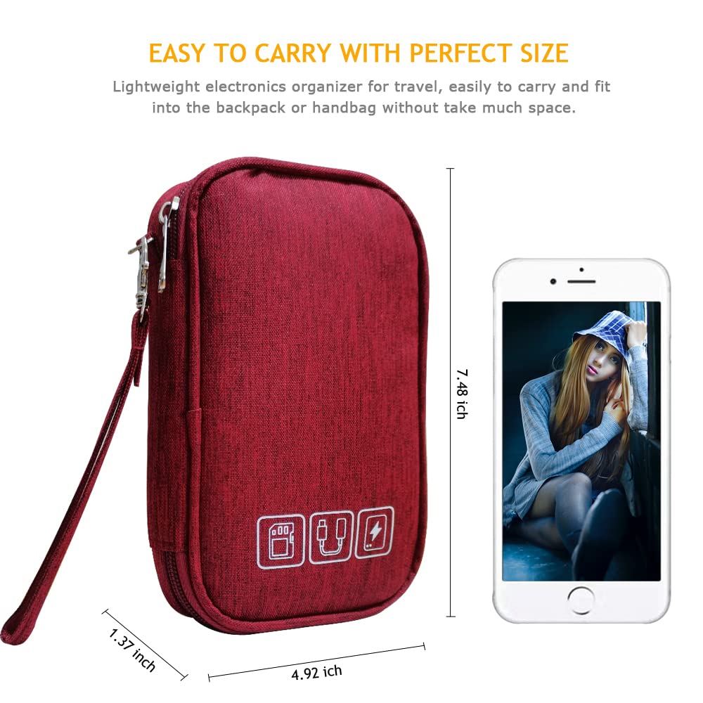 Electronic Cable Organizer Bag - Travel Cord Organizer Pouch for Charger, Hard Drive, Earphones, USB & SD Cards - Portable Carrying Case (Red) - Perfect for Office, Travel & Home Storage