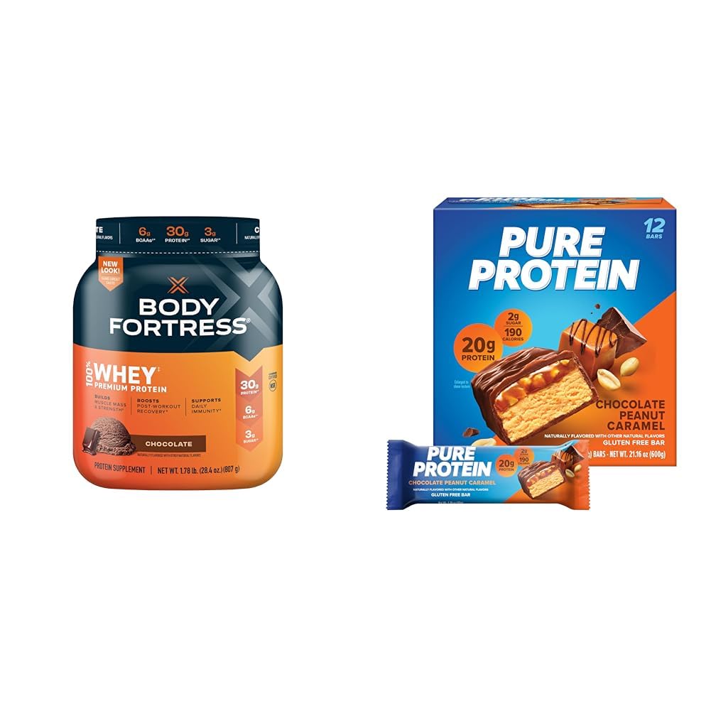 Body Fortress 100% Whey Protein Powder - Chocolate Flavor 1.78lbs + Pure Protein Bars - Chocolate Peanut Caramel (12 Count, 1.76oz) | Post-Workout Recovery & Muscle Building Supplement for Athletes & Fitness Enthusiasts