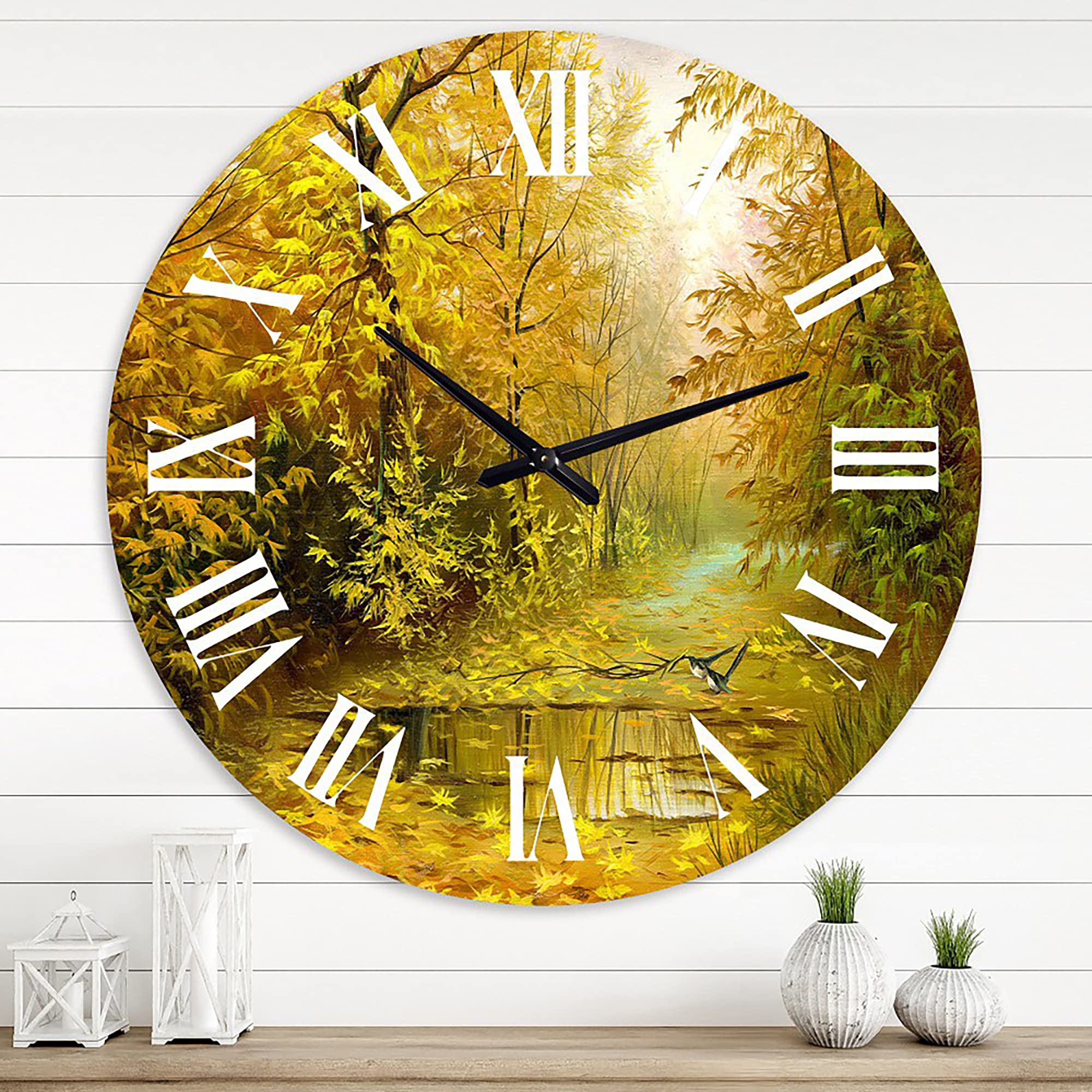 DesignQ Country Wall Clock 'Road in Yellow Woodlands' - Large Landscape Nature Wall Clock for Home, Office & Living Room Decor | Perfect for Farmhouse, Rustic & Vintage Style Interiors