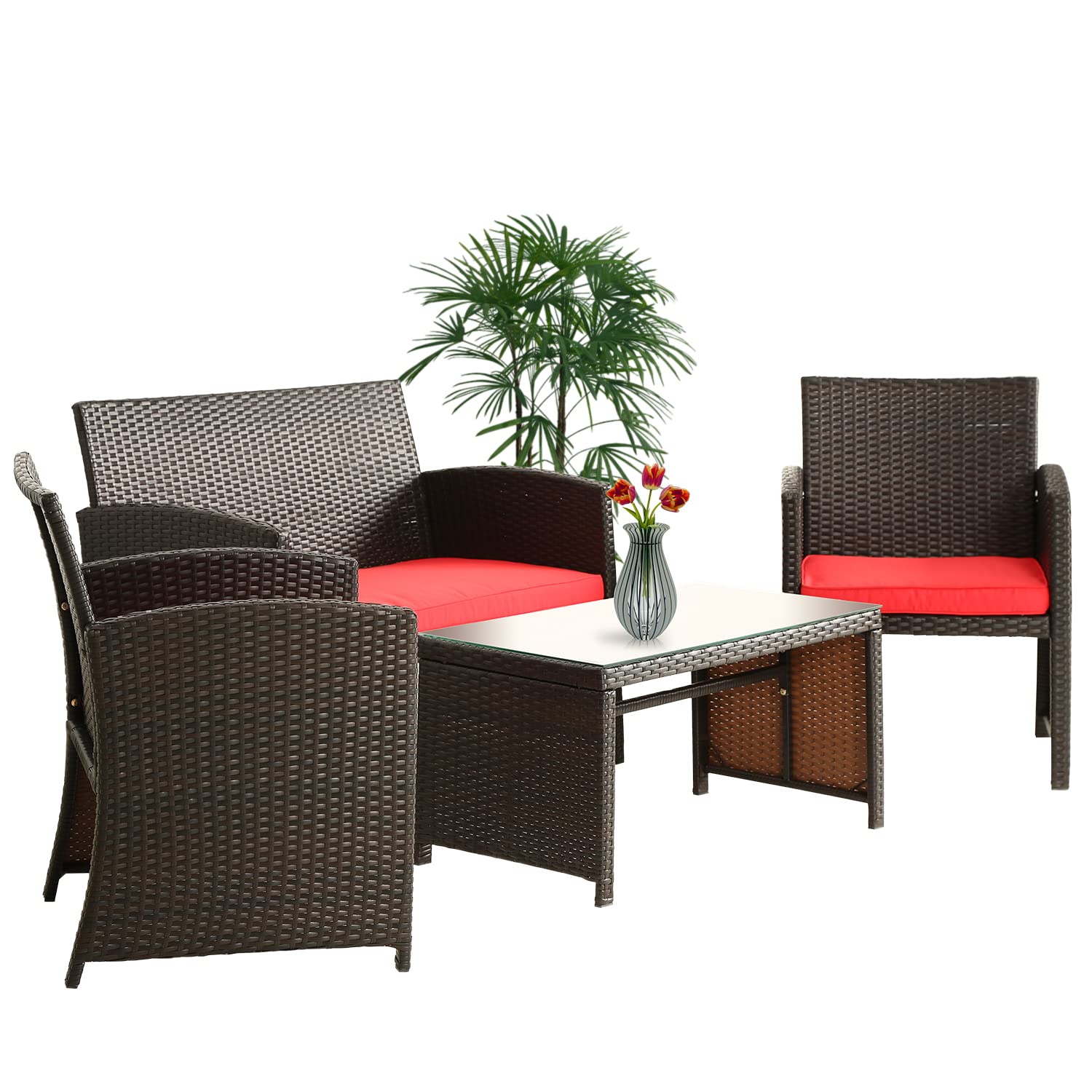 4-Piece Outdoor Patio Furniture Set with Cushions - Red Balcony Chairs & Table for Garden, Porch, Backyard Relaxation & Entertaining