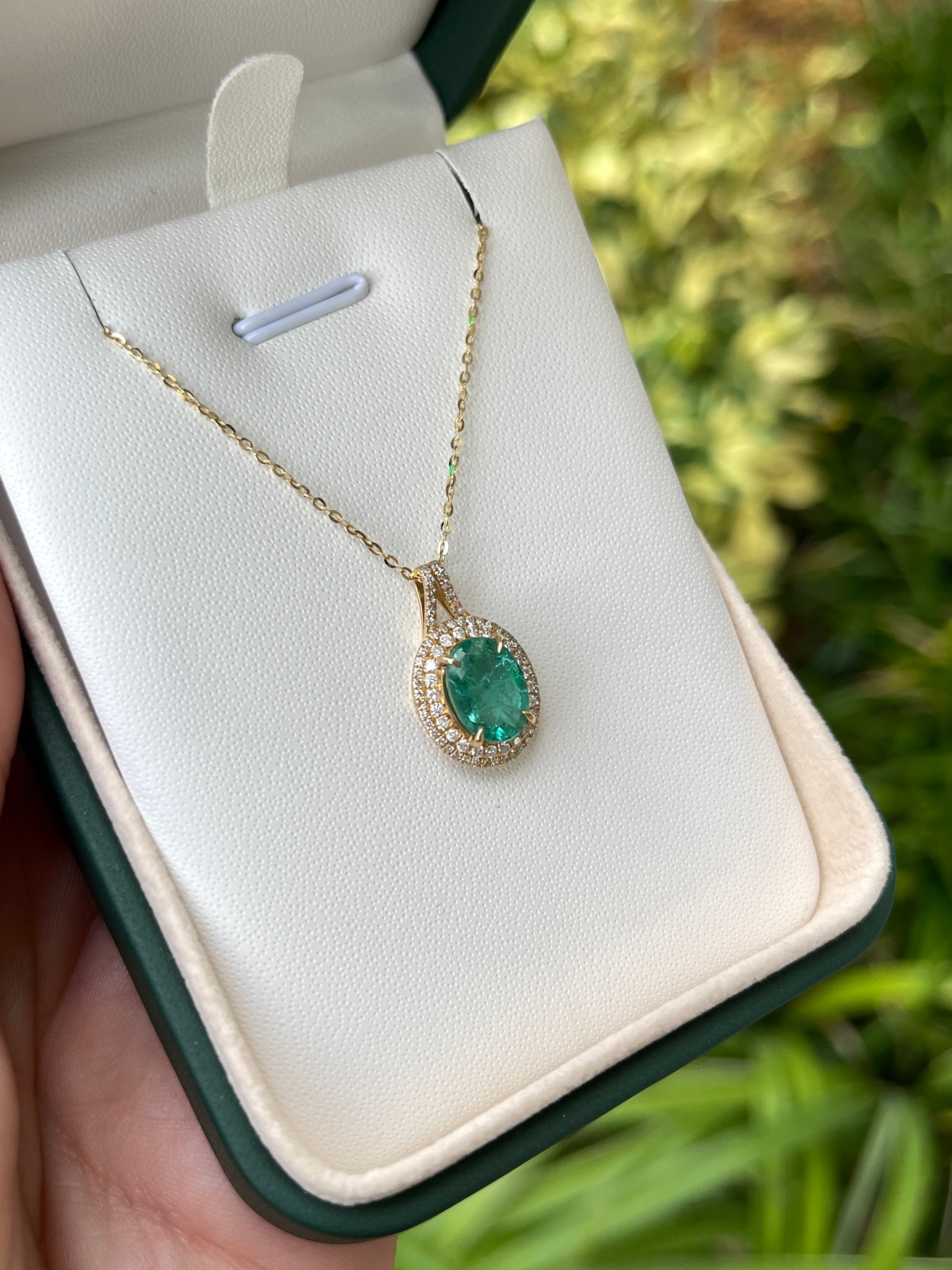 2.84tcw Natural Emerald Oval Cut & Diamond Double Halo 14K Gold Necklace | Elegant Jewelry for Weddings, Anniversaries & Special Occasions