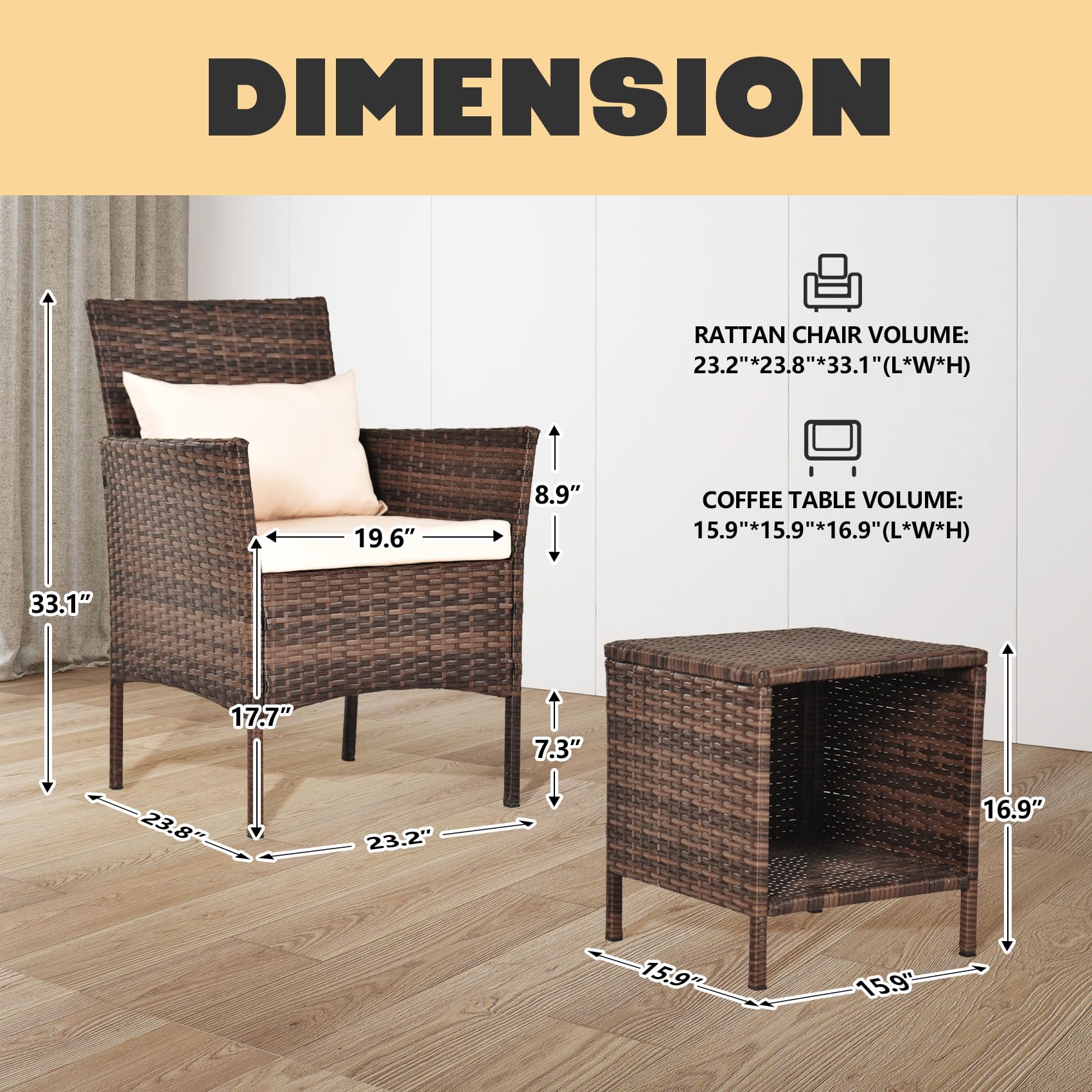 3-Piece Patio Conversation Bistro Set - Outdoor Wicker Chairs & Storable Table - Brown/Beige Balcony Furniture for Porch, Yard, Backyard & Apartment - Perfect for Relaxing, Entertaining & Small Space Living