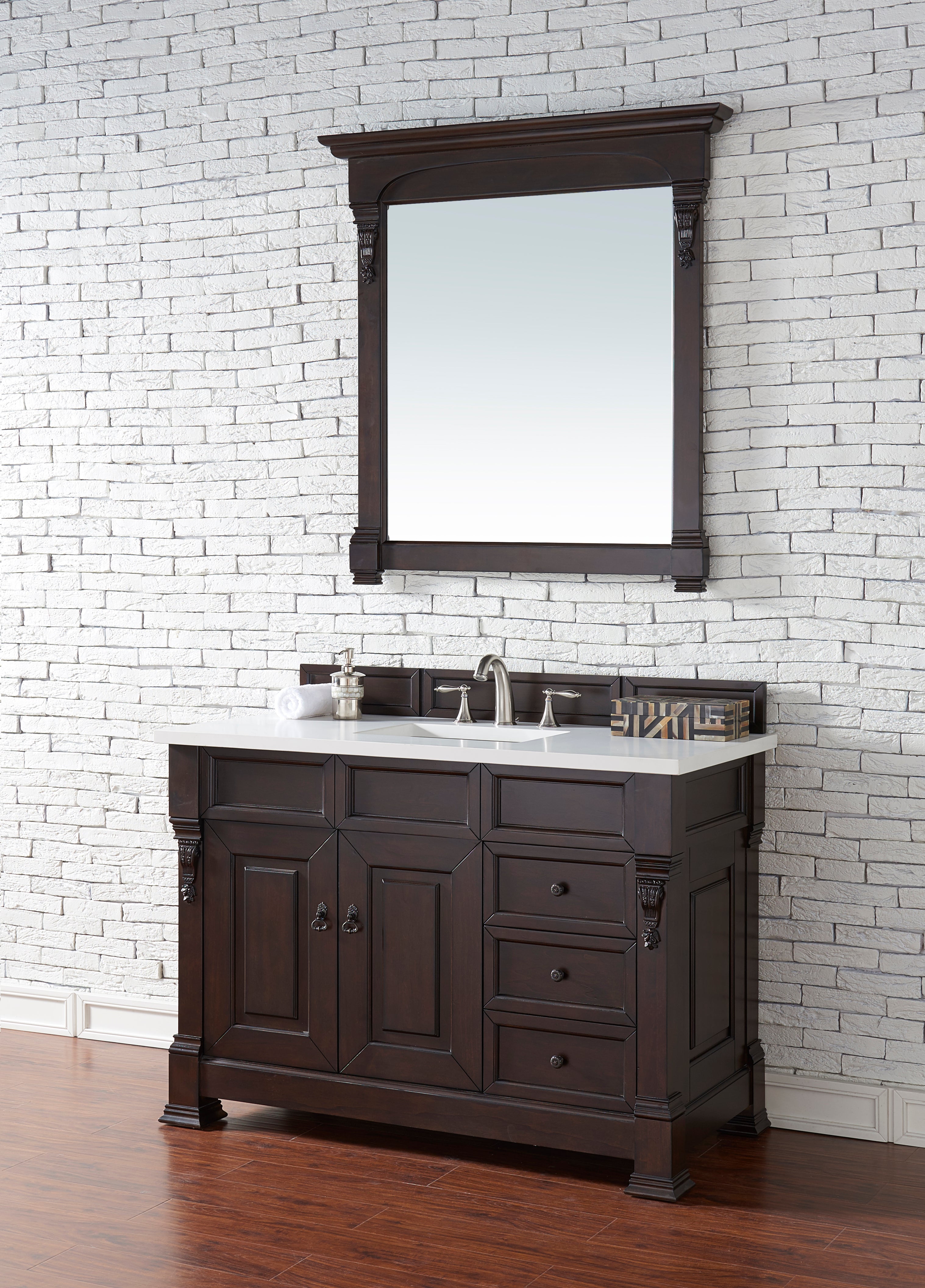 Brookfield 48 Inch Burnished Mahogany Bathroom Vanity with 3CM Classic White Quartz Countertop - Perfect for Modern Master Bathroom or Powder Room Renovation