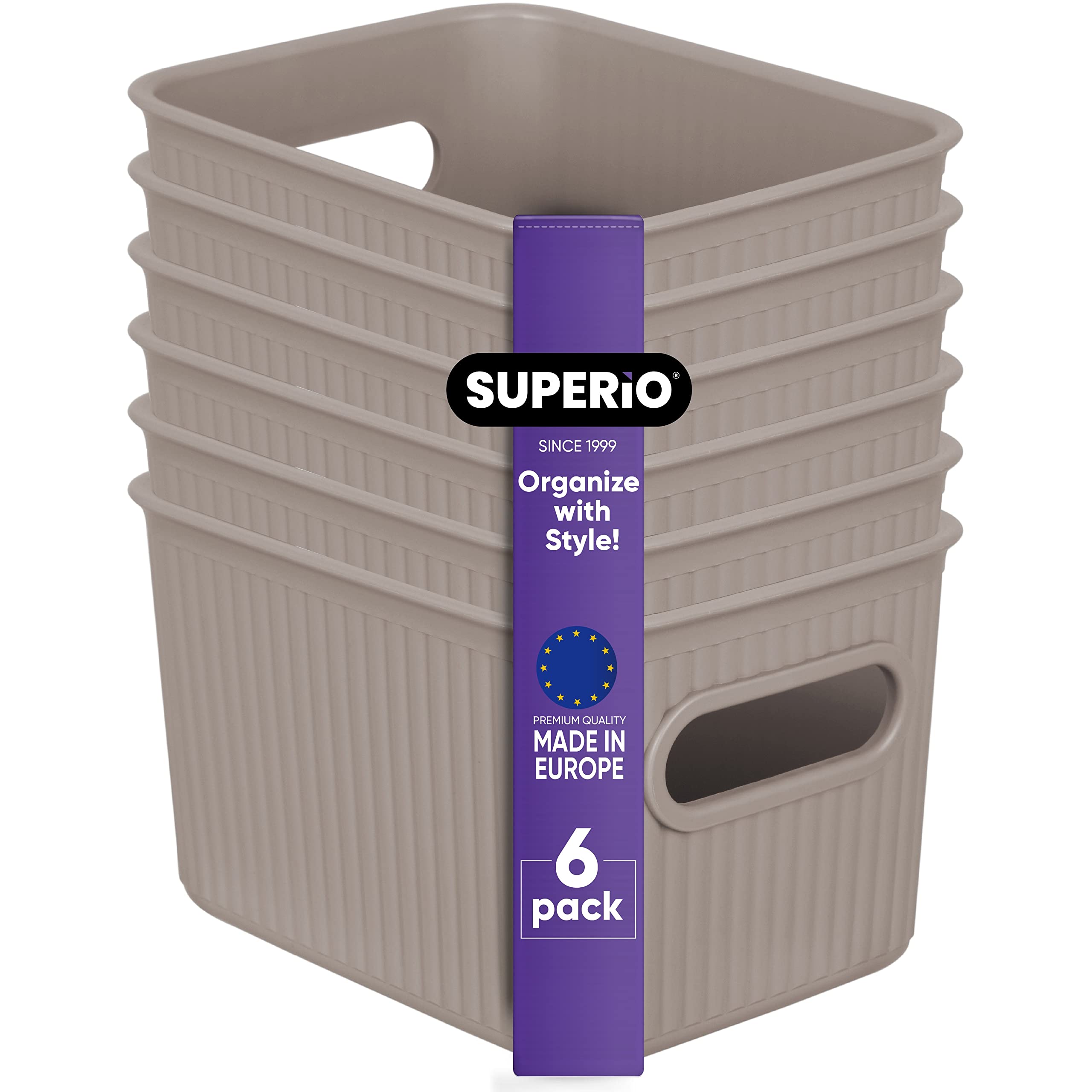 Superio Ribbed Collection - 6 Pack Small Taupe Decorative Plastic Storage Bins, Open Home Organizer Baskets & Container Boxes (1.5 Liter) - Perfect for Closet, Shelf, Drawer Organization & Home Decor