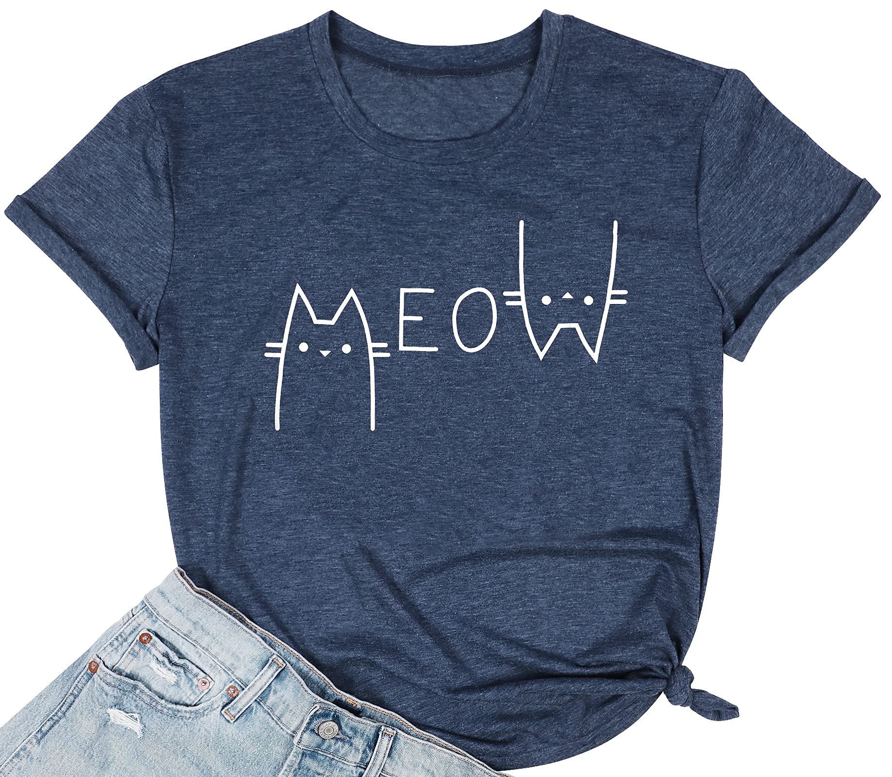 Women's Cat Lover Graphic T-Shirt - Cute Meow Print Casual Tee Top | Perfect Gift for Cat Owners & Casual Wear