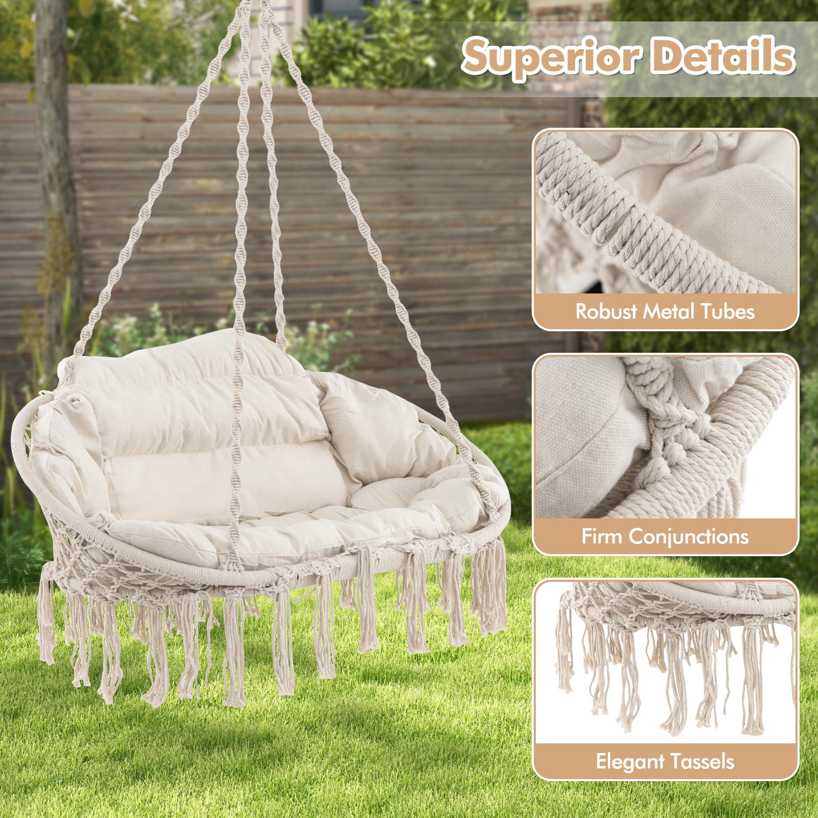 Tangkula 2-Person Boho Macrame Hanging Hammock Chair with Soft Cushions & Tassels - Indoor/Outdoor Cotton Rope Swing for Bedroom, Porch, Balcony - Perfect for Relaxing, Reading & Lounging in Your Backyard or Nursery