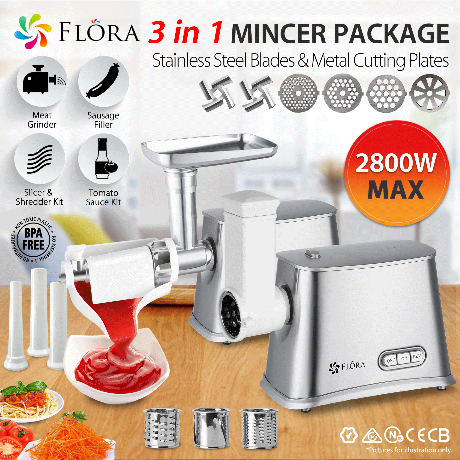 Flora Max 2800W Electric Meat Grinder & Sausage Stuffer - 3-in-1 Mincer, Slicer & Shredder with Tomato Sauce Attachment - Elite Model FL MGM GS550 (AU Stock) - Perfect for Home Kitchens, Butcher Shops & Food Processing