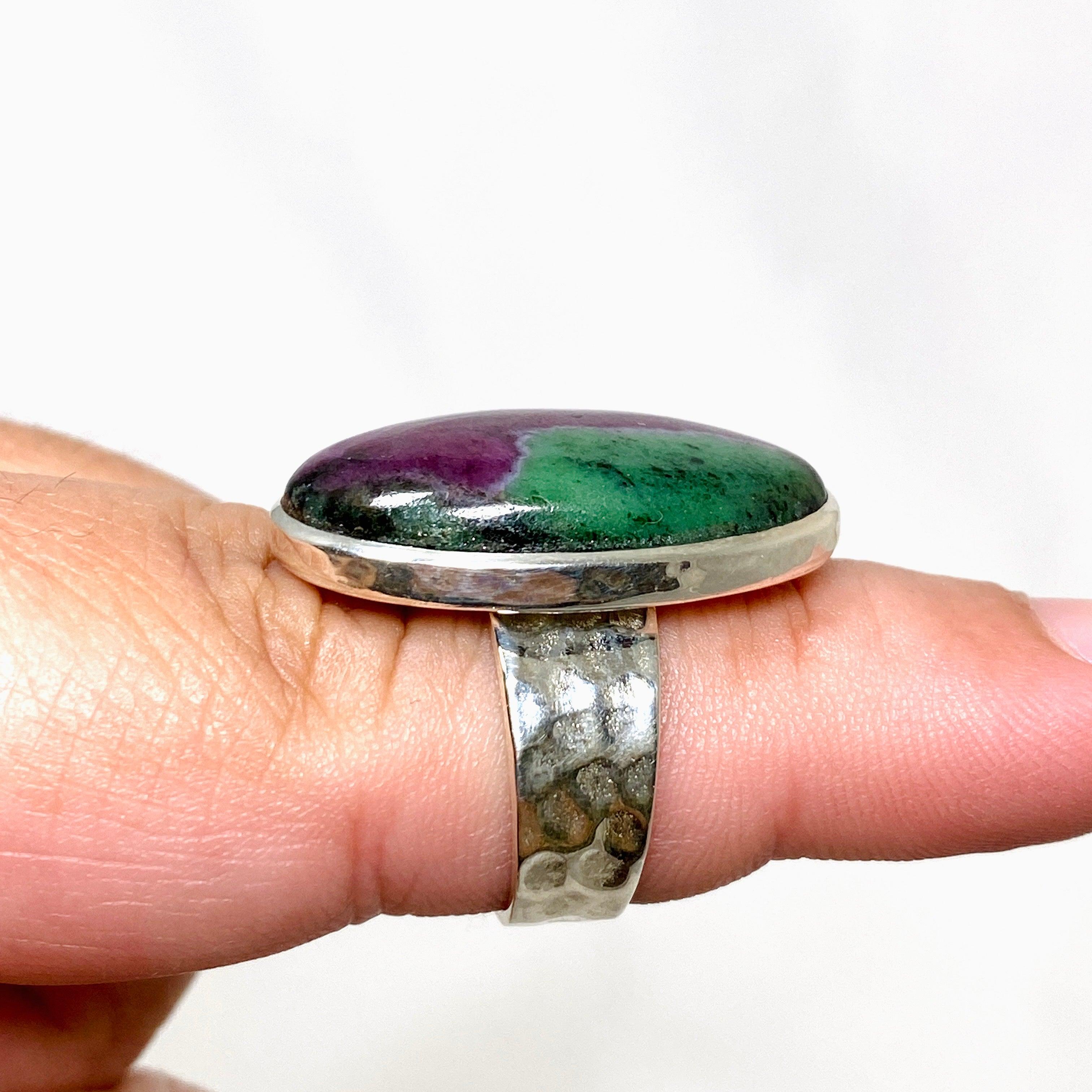 Natural Ruby in Zoisite Oval Ring with Hammered Band - Size 8 Sterling Silver Jewelry KRGJ3251 | Elegant Gift for Women, Perfect for Weddings & Special Occasions