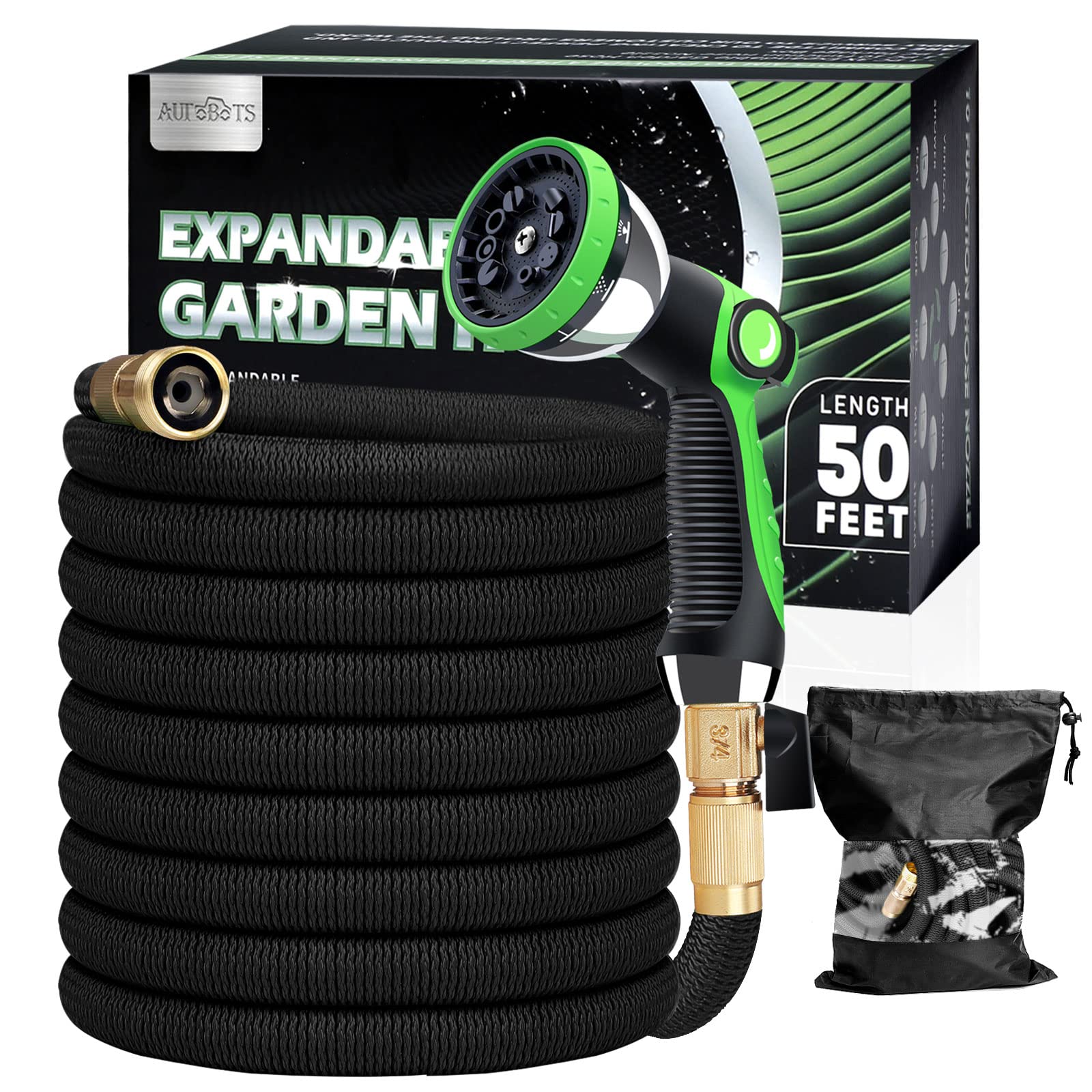 **AUTOBOTS 50 ft Expandable Garden Hose with 10-Function Nozzle, Flexible Water Hose with 3/4