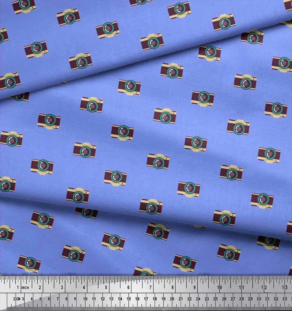 Soimoi Blue Silk Fabric by The Yard - 42 Inch Wide - Camera Print Shirting for Photography Enthusiasts - Perfect for Travel-Themed Shirts, DIY Projects & Photography Backdrops