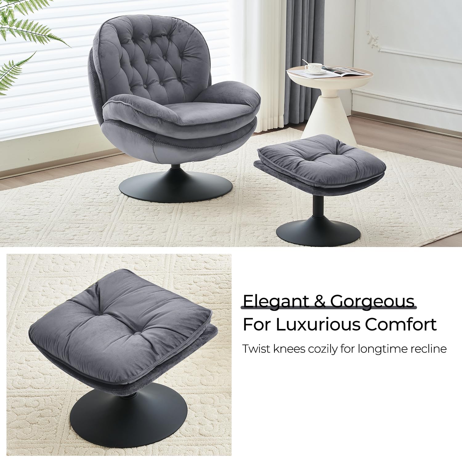 Velvet Swivel Accent Chair with Ottoman Set - Modern Tufted Armchair & Footrest for Living Room, Bedroom - 360 Degree Swivel Lounge Chair for Adults - Grey - Perfect for Reading, Watching TV or Relaxing