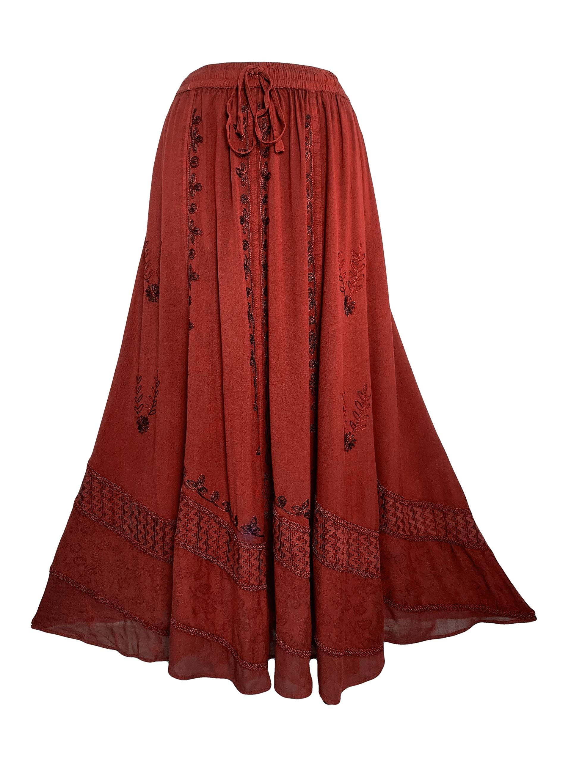 2025 Spring Women's Boho Flare Maxi Skirt with Elastic Waistband & Renaissance Embroidery | Agan Traders Long Bohemian Skirt for Festival, Beach, and Casual Wear