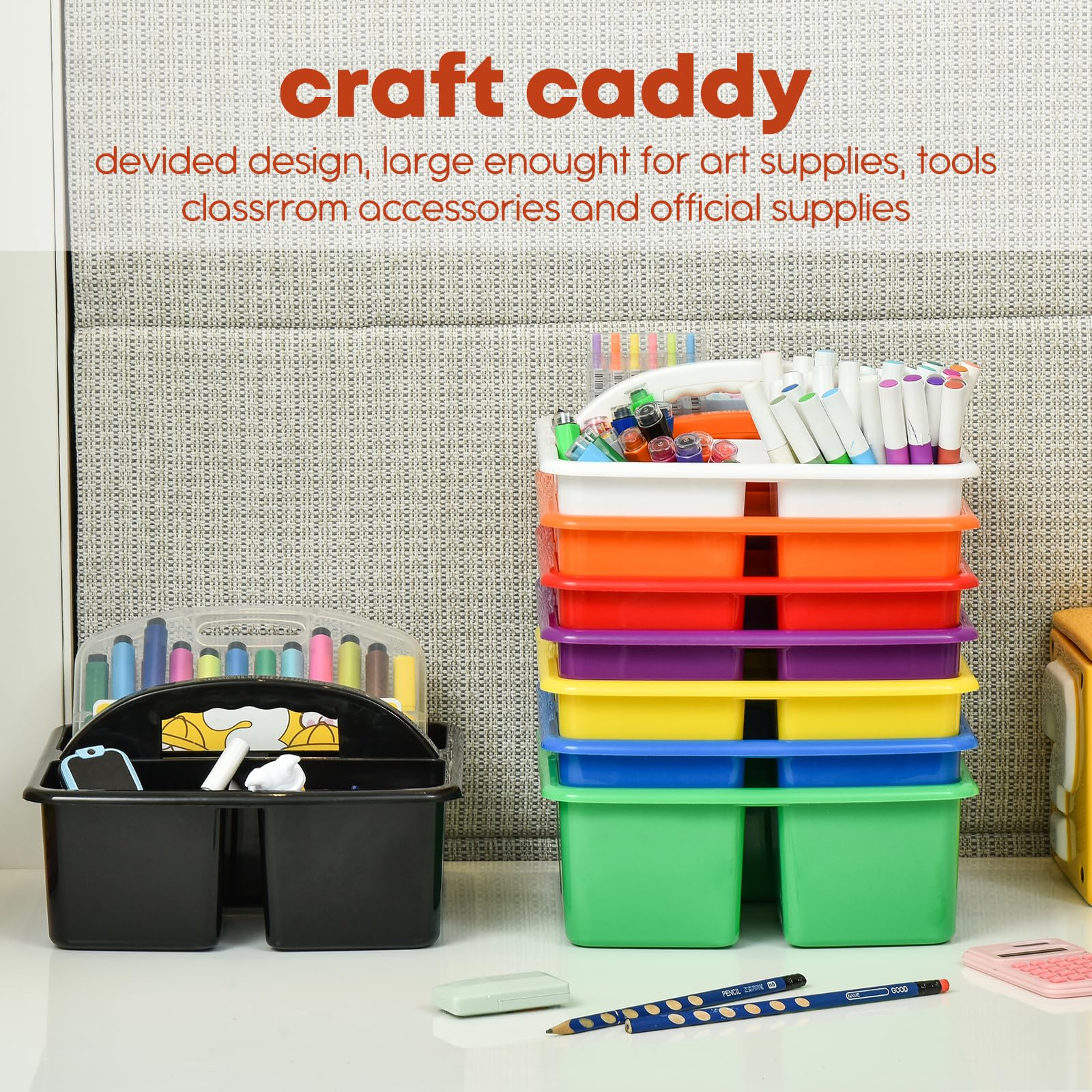 ALINK Plastic Classroom Caddy Organizer with Handle - 6-Pack 3-Compartment Teacher Supply Storage for Desk, Table & Office Organization - Perfect for Classroom Supplies, Kids' Craft Art & School Stationery - Black