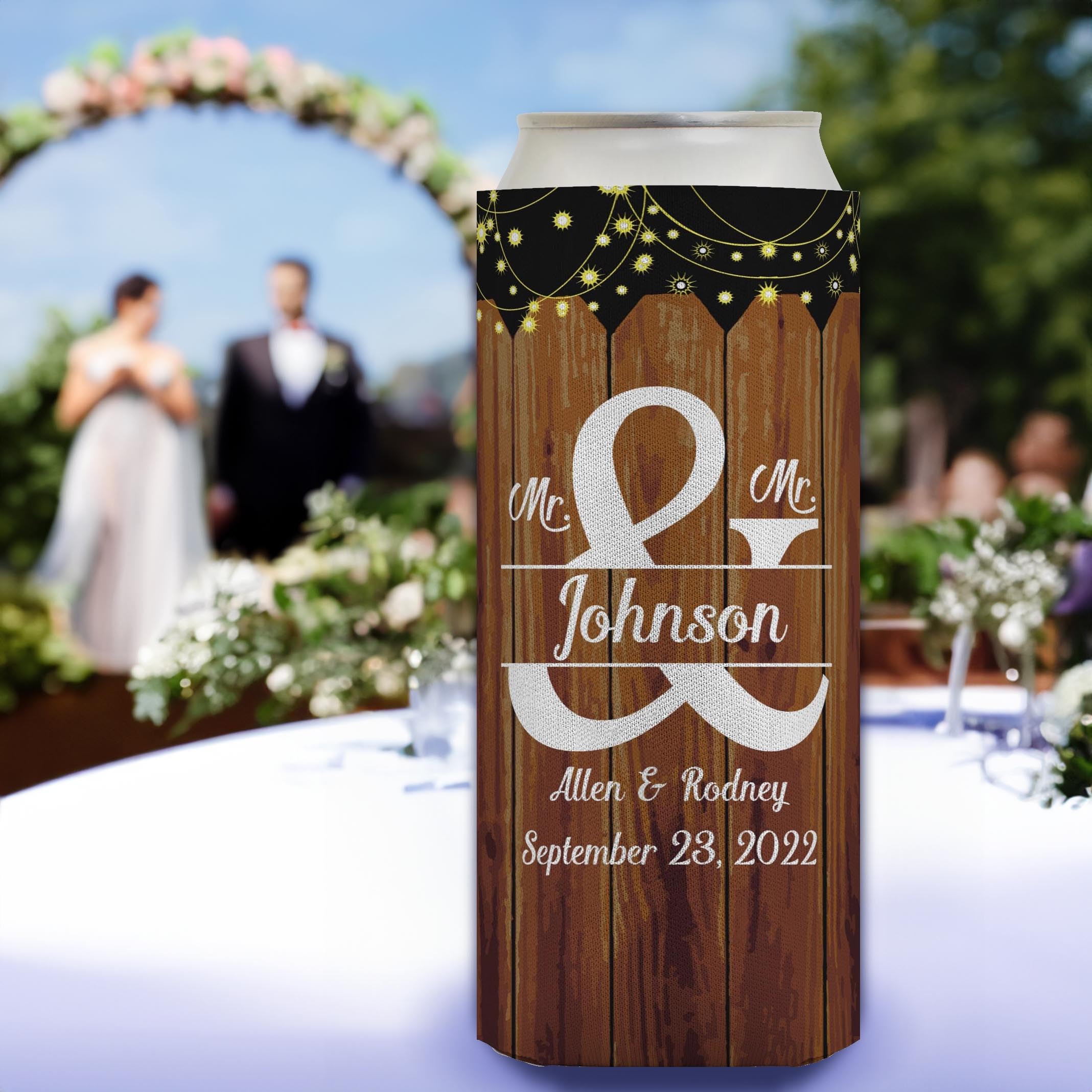 Personalized Mr & Mr Gay Wedding Seltzer Can Coolies - 48-Pack Ultra Slim Customizable Beer Koozies with Names & Date - Perfect for LGBTQ+ Weddings, Bachelorette Parties & Pride Celebrations