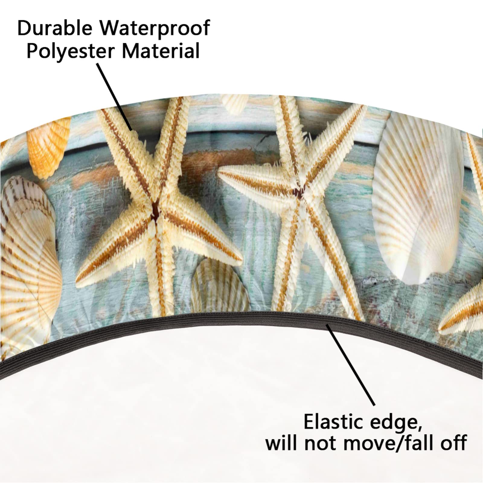 Beach Wooden Starfish Round Tablecloth with Elastic Edge - Summer Ocean Seashells Fitted Table Cover for Dining, Kitchen, Party (45