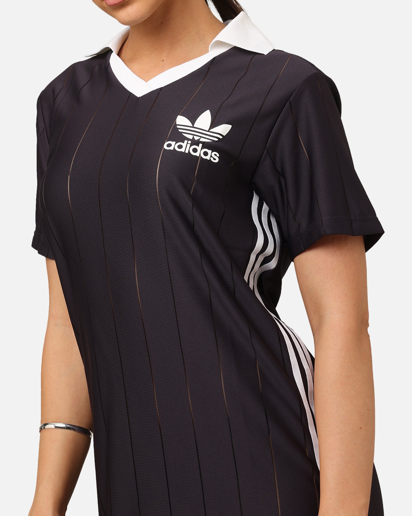 Adidas Women's 3 Stripes Pinstripe Dress - Aurora Black | Athletic Casual Dress for Running, Gym & Everyday Wear