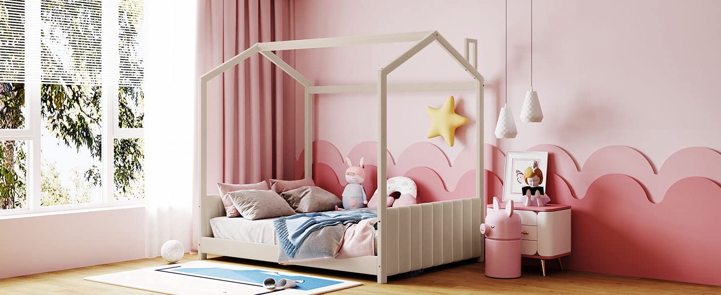 Full Size Velvet House Bed with Roof, Headboard & Footboard - Wood Low Floor Bed Frame for Toddlers & Kids - Can Be Decorated (Beige/Velvet) - Perfect for Kids' Bedrooms, Playrooms & Cozy Sleepovers