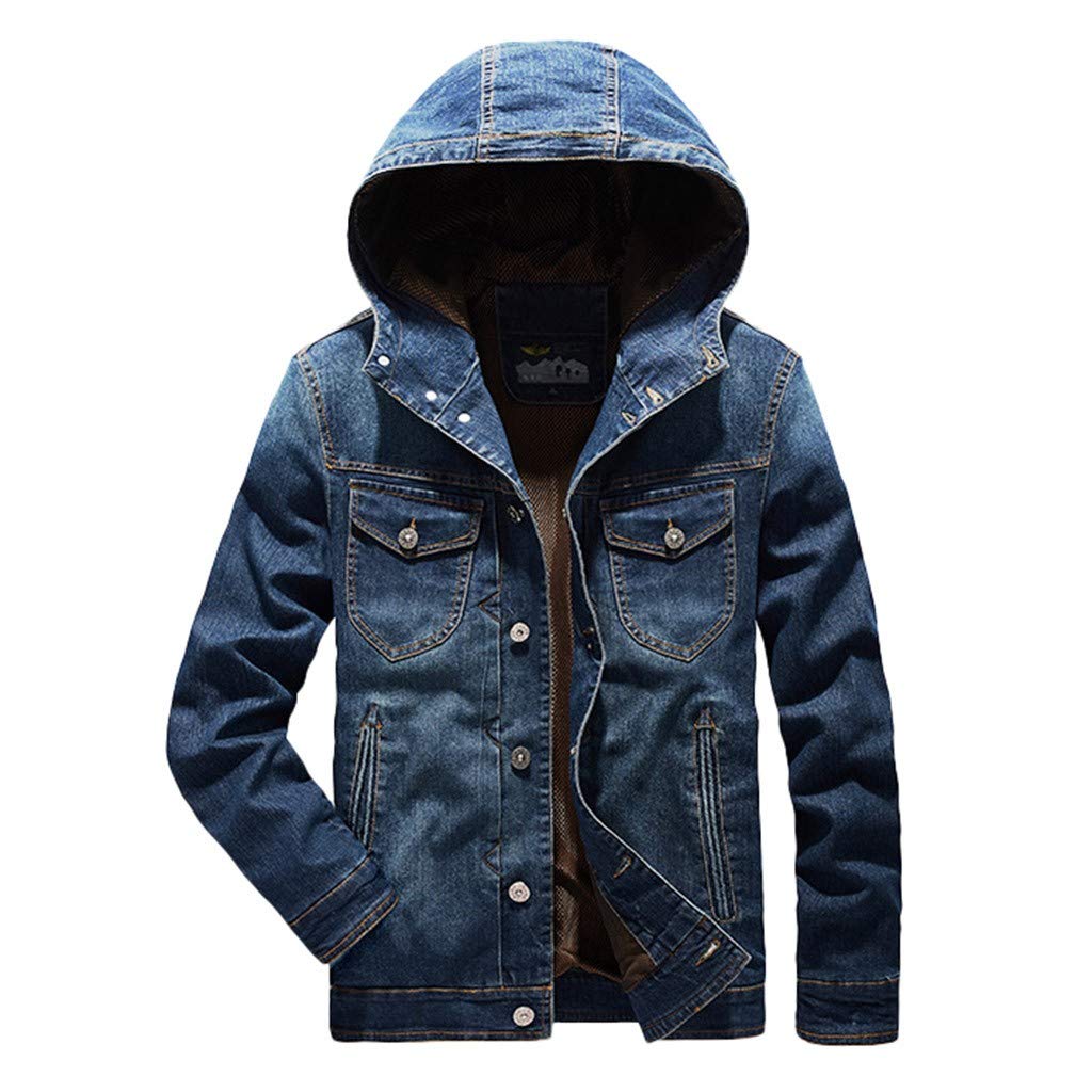 Men's Casual Denim Jacket with Hood - Turn-Down Collar Winter Coat for Autumn & Cold Weather | Outdoor Activities, Streetwear Fashion, Daily Commute