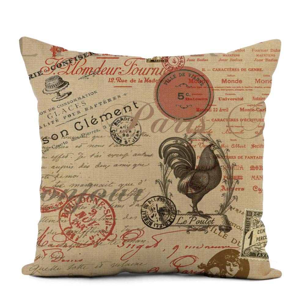 Vintage French Paris Rooster Provincial Script Throw Pillow Cover 18x18 Inch - Francophile Home Decor Square Cushion Cover for Sofa, Couch, Bed - Perfect for Farmhouse, French Country & Vintage Style Living Rooms