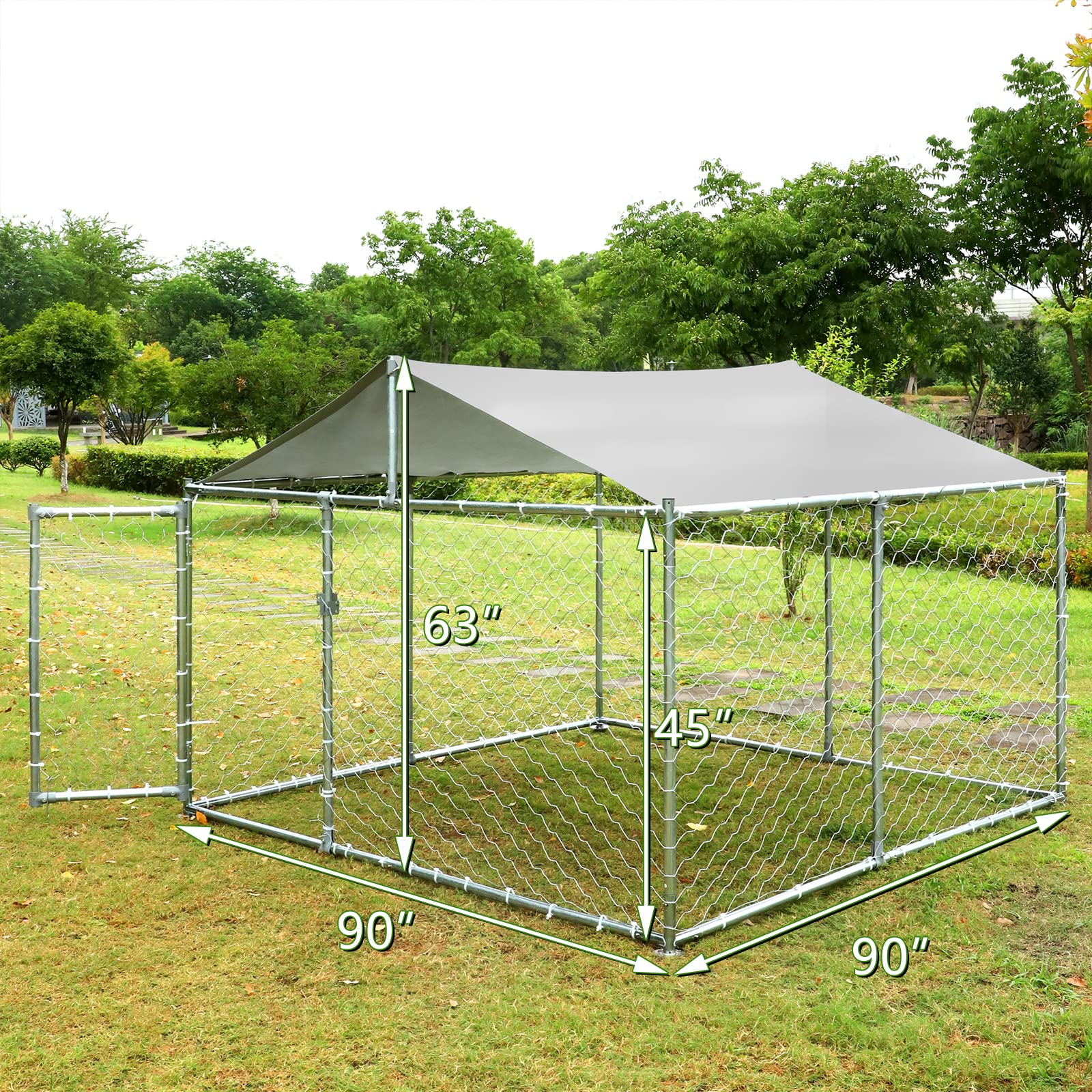 Grepatio Large Outdoor Dog Kennel - Weatherproof Dog House with Polyester Roof Cover, Secure Lock Fence for Backyard (90'L x 90'W x 45'H) - Ideal for Large Breed Dogs, Backyard Security & All-Weather Protection
