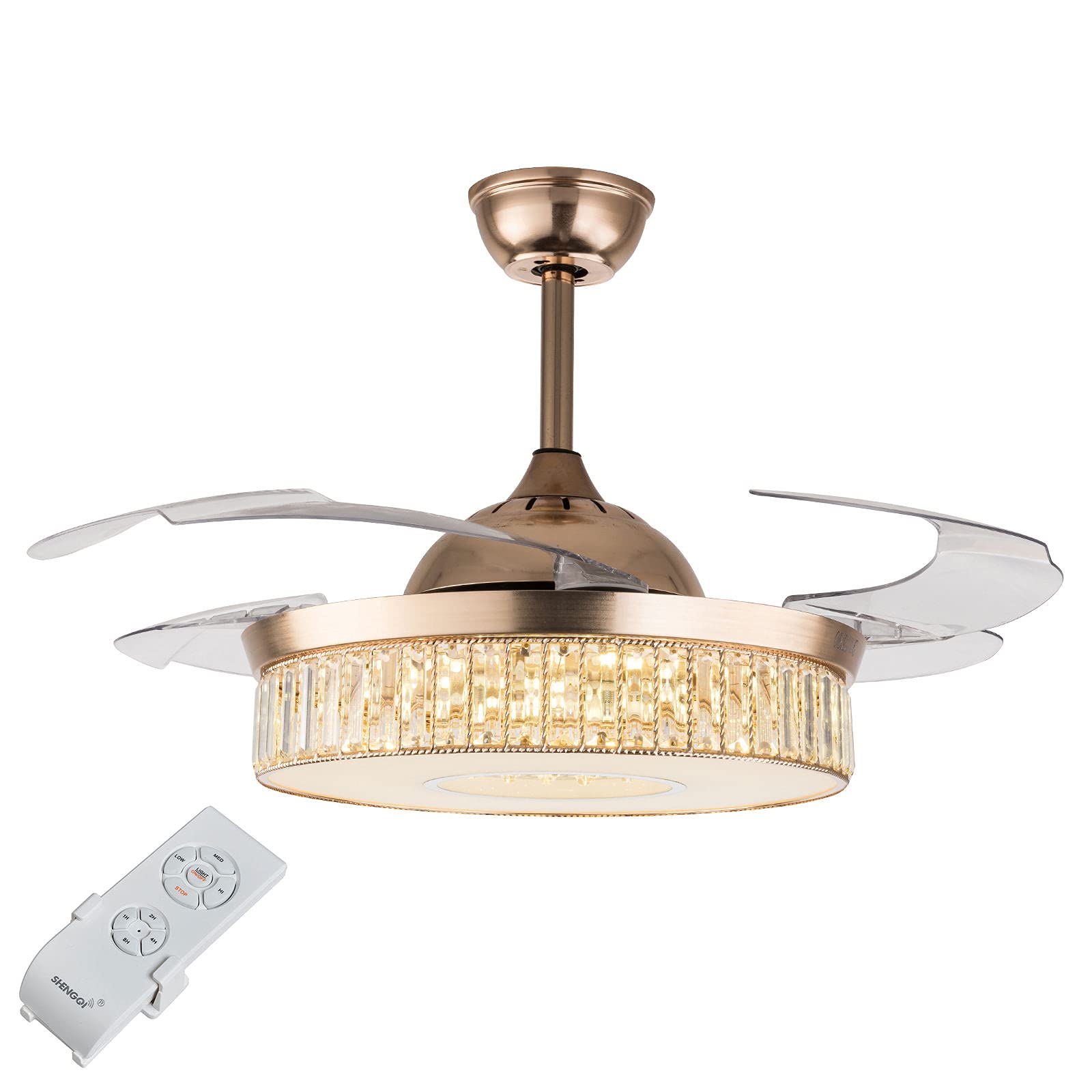 42 Inch Silent Crystal Ceiling Fan with Remote Control - 3 Lighting Colors & 3 Timer Settings - Modern Retractable Chandelier Fan for Kitchen, Bedroom, Living Room & Dining Room (Rose Gold) - Perfect for Home Cooling and Stylish Lighting Decor