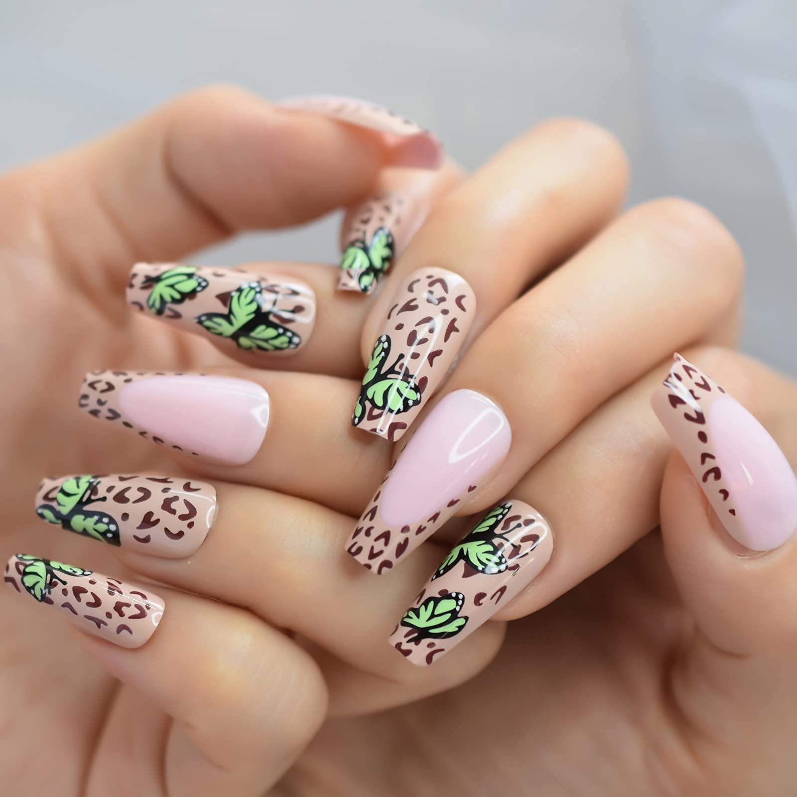 Long Ballerina Press On Nails - Coffin Butterfly & Leopard Design False Nails Set | Acrylic Nail Tips for European & American Style | Perfect for Parties, Weddings & Special Occasions