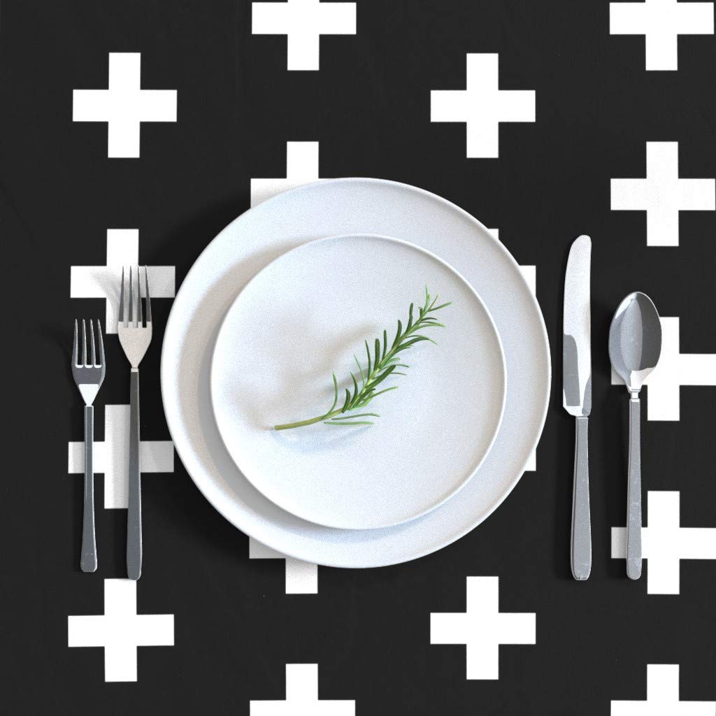Custom Cotton Sateen Tablecloth 70x108 Inches - White & Black Plus Sign Cross Geometric Print | Modern Hipster Nursery Decor | Gender Neutral Baby Shower & Dining Table Linens for Home Decor