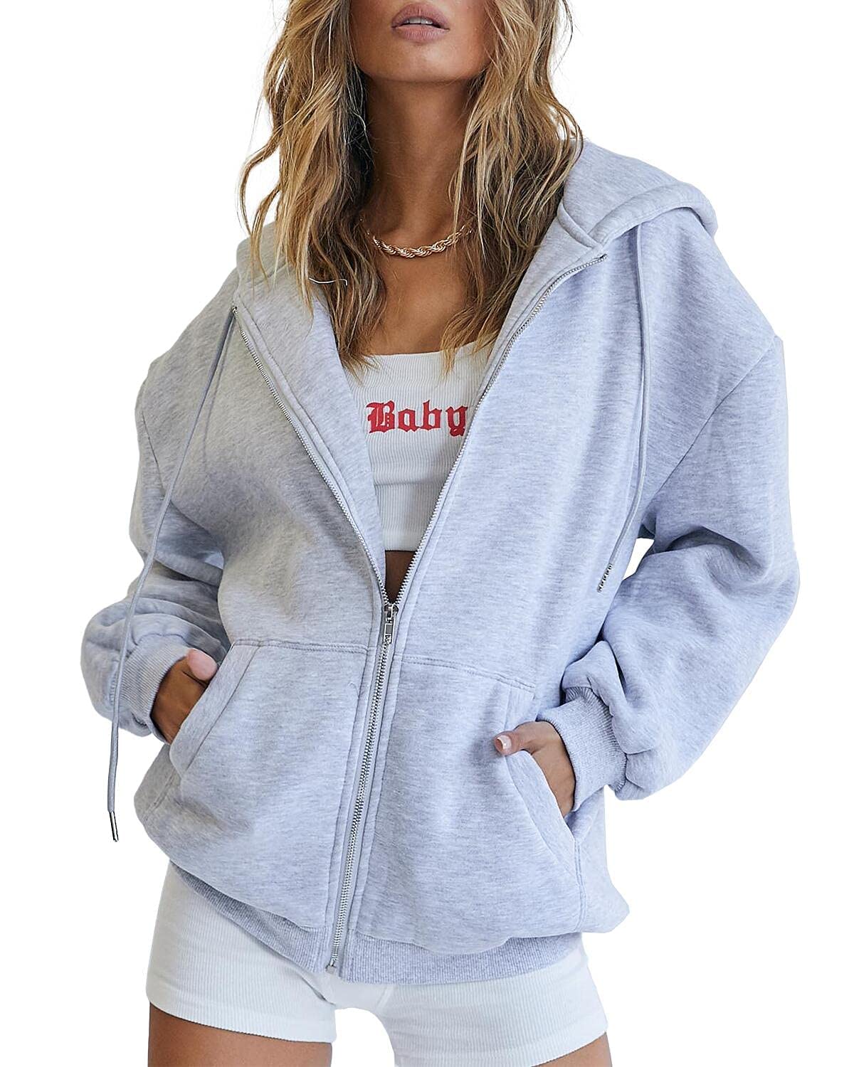 EFAN Women's Oversized Zip Up Hoodie with Drawstring & Pocket - Cute Fall Jacket Casual Sweatshirt for Streetwear, Lounge & Outdoor Activities