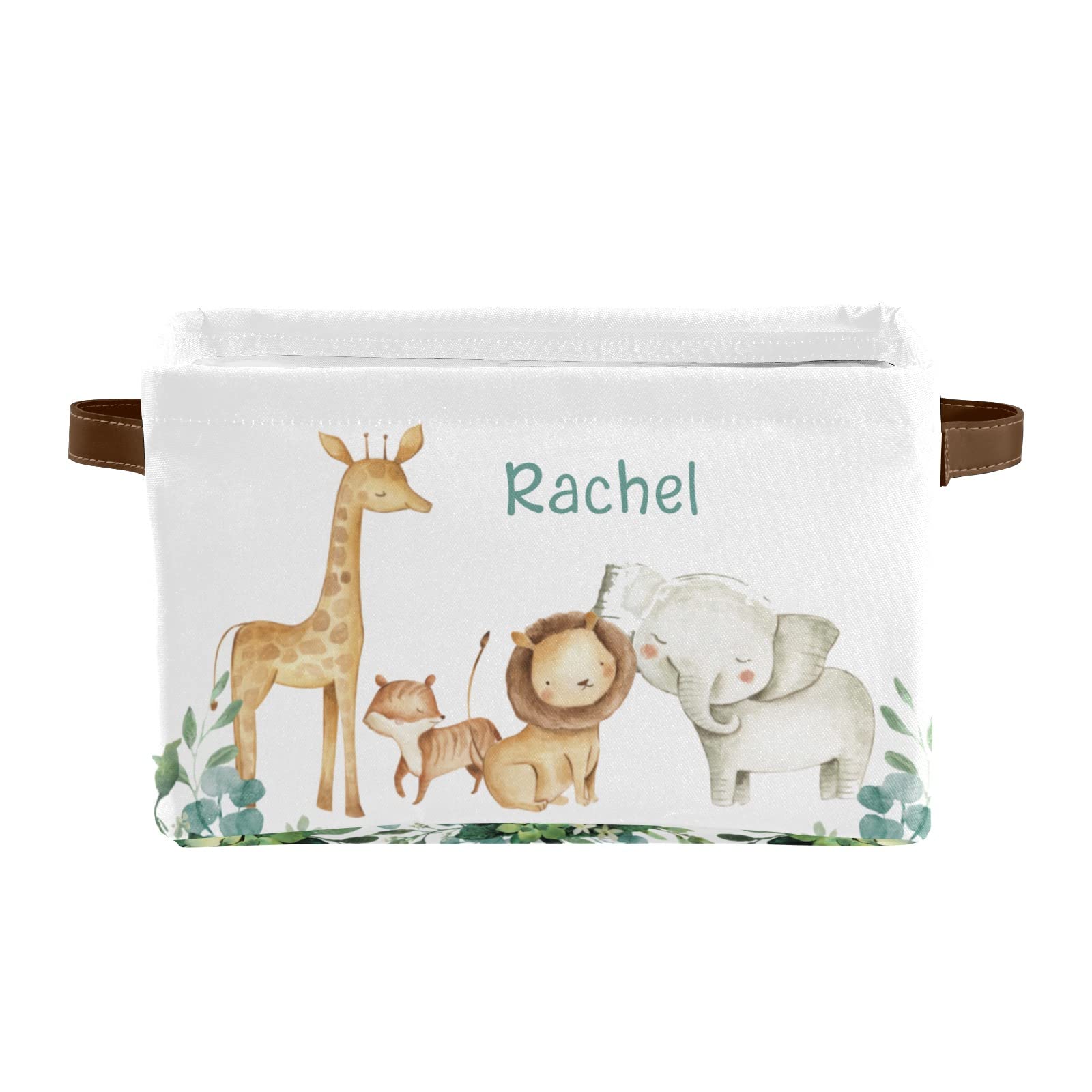 Personalized Jungle Animals Leaves Storage Bins - 4 Pack Durable Cube Organizers with Handles for Nursery, Wardrobe & Toy Organization | Perfect for Kids' Room Decor & Clutter Control