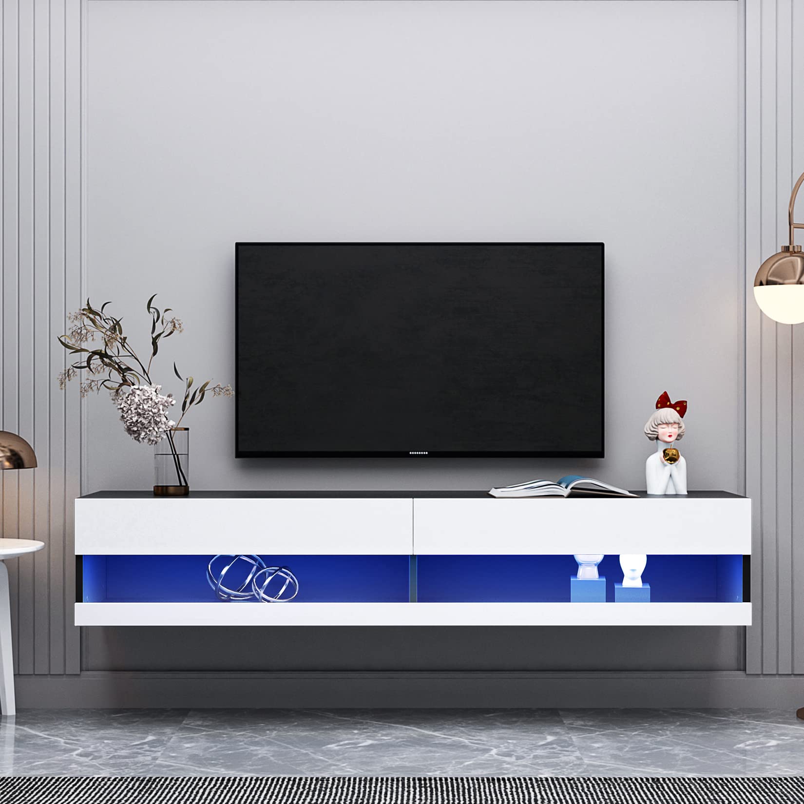 Wall Mounted Floating TV Stand for up to 85 Inch TVs - Modern TV Console with 16 Color LED Lights - Sturdy Particle Board Entertainment Center for Living Room, Bedroom & Office (White/Black) - Perfect for Movie Nights, Gaming & Home Decor